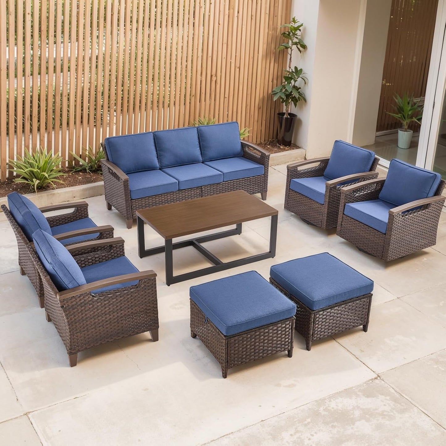 Outdoor Patio Swivel Rocking Chairs Set of 2, All Weather Wicker, Metal Armrest, Deep Seating, Thick Comfortable Cushions, Ideal for Deck Porch Backyard, Brown/Beige
