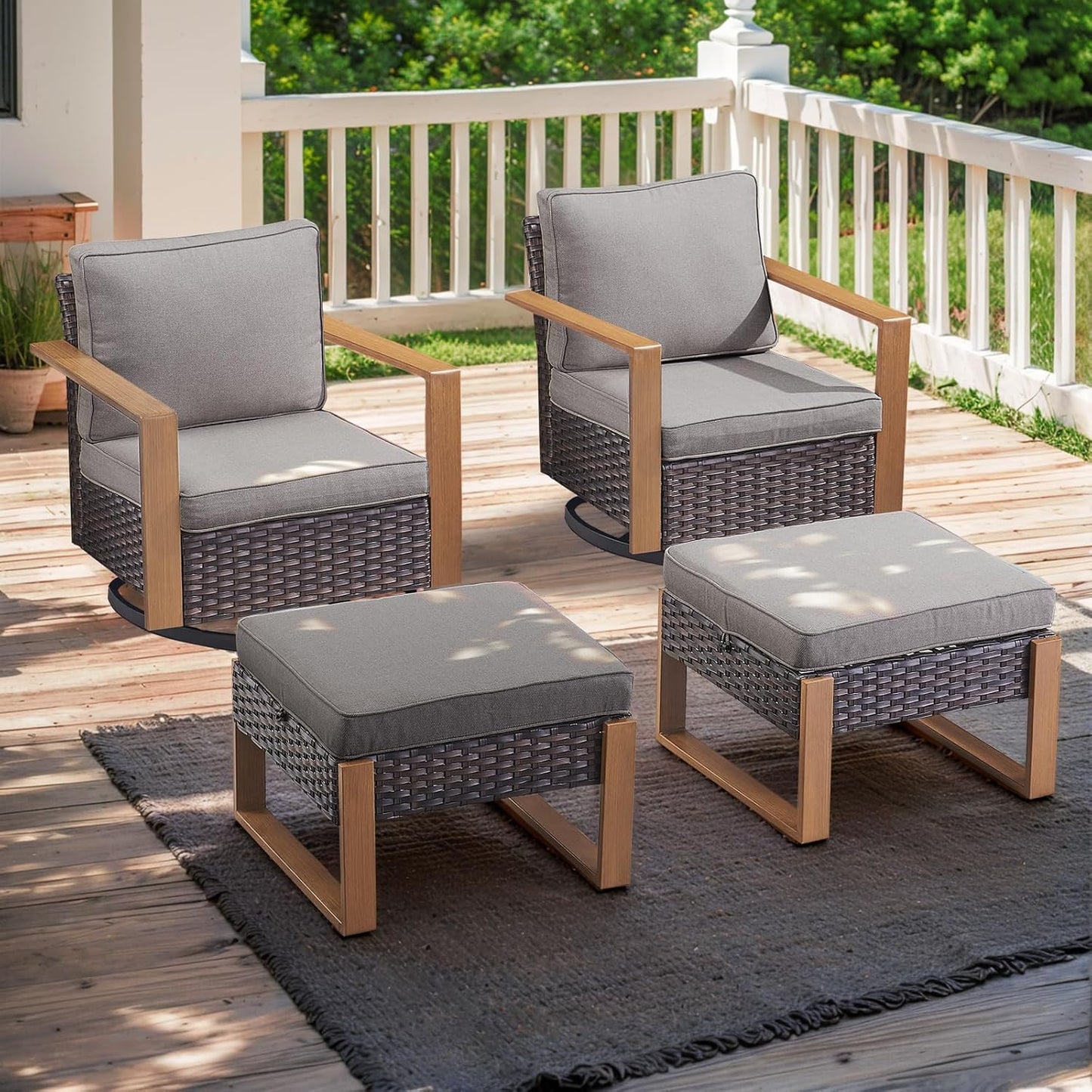 Outdoor Patio Swivel Rocker Chairs - Wicker Rattan Patio Swivel Rocking Chairs Set of 2 with Metal Wide Armrest, Thick Cushions and Deep Seating for Deck Porch Sunroom Garden(Brown/Grey)