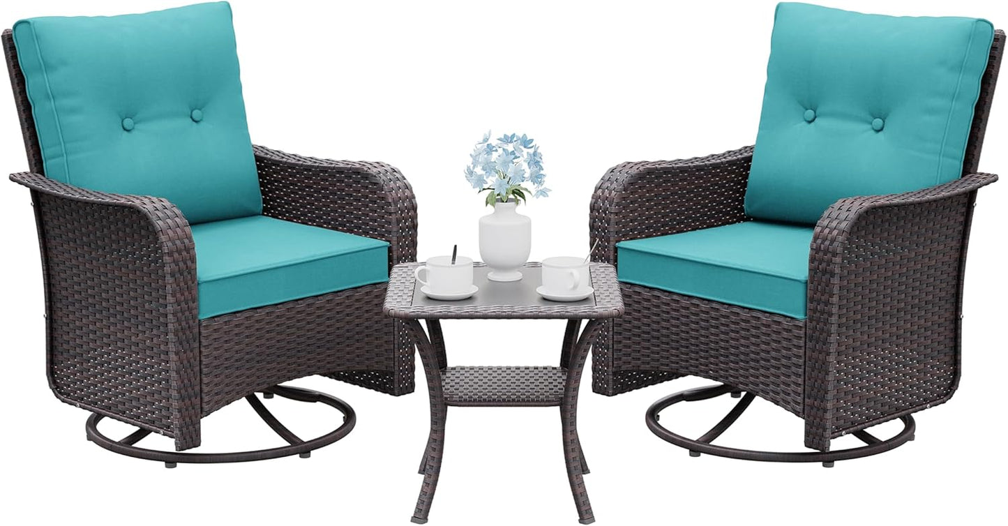 Gotland 3 Pieces Patio Set, Outdoor Swivel Chairs Set of 2 with 4’’ Waterproof Cushions High Back Double-Layer Side Table, Wicker Rocking Patio Chairs Set of 2 for Balcony, Porch, Garden