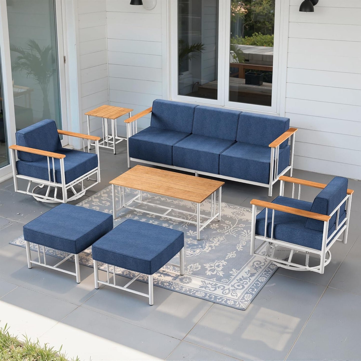 Luxury Patio Swivel Chairs with 6" Extra Thick Cushions, Outdoor Furniture Set with Ottomans and Side Table, Swivel Outdoor Chairs for Porch, Balcony, Deck, Patio, Yard, Poolside, Black/Grey