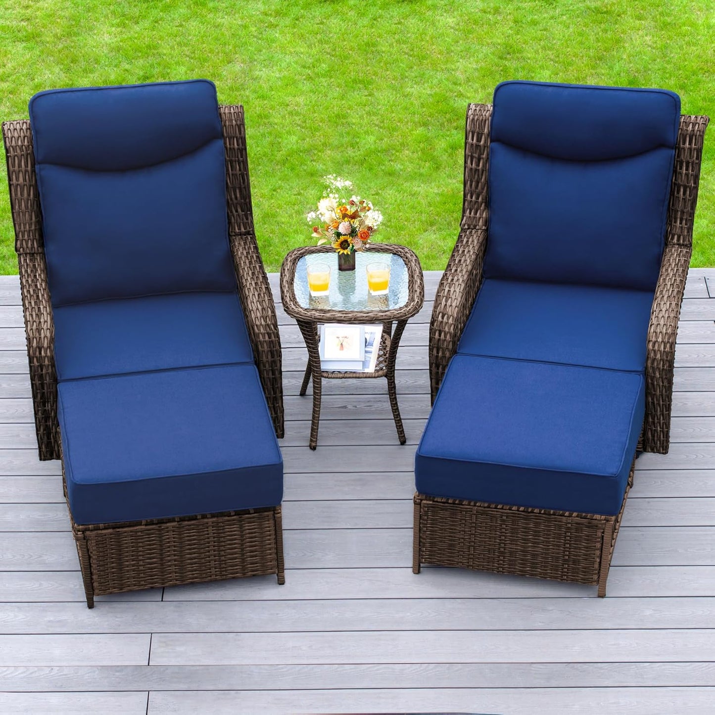 Outdoor Swivel Rocker Chairs 3 Pieces Wicker Swivel Patio Chair with Rattan Side Table, 5" Extra Thick Cushions and 25" Full Support Back, Patio Furniture Set for Outside Porch Deck
