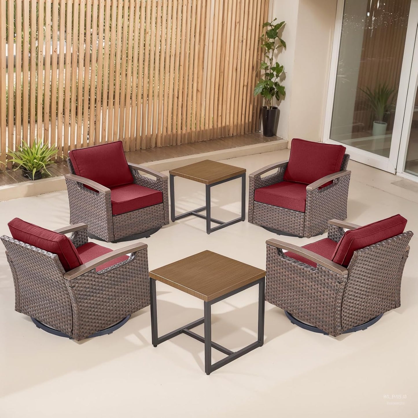 Outdoor Patio Swivel Rocking Chairs Set of 2, All Weather Wicker, Metal Armrest, Deep Seating, Thick Comfortable Cushions, Ideal for Deck Porch Backyard, Brown/Beige