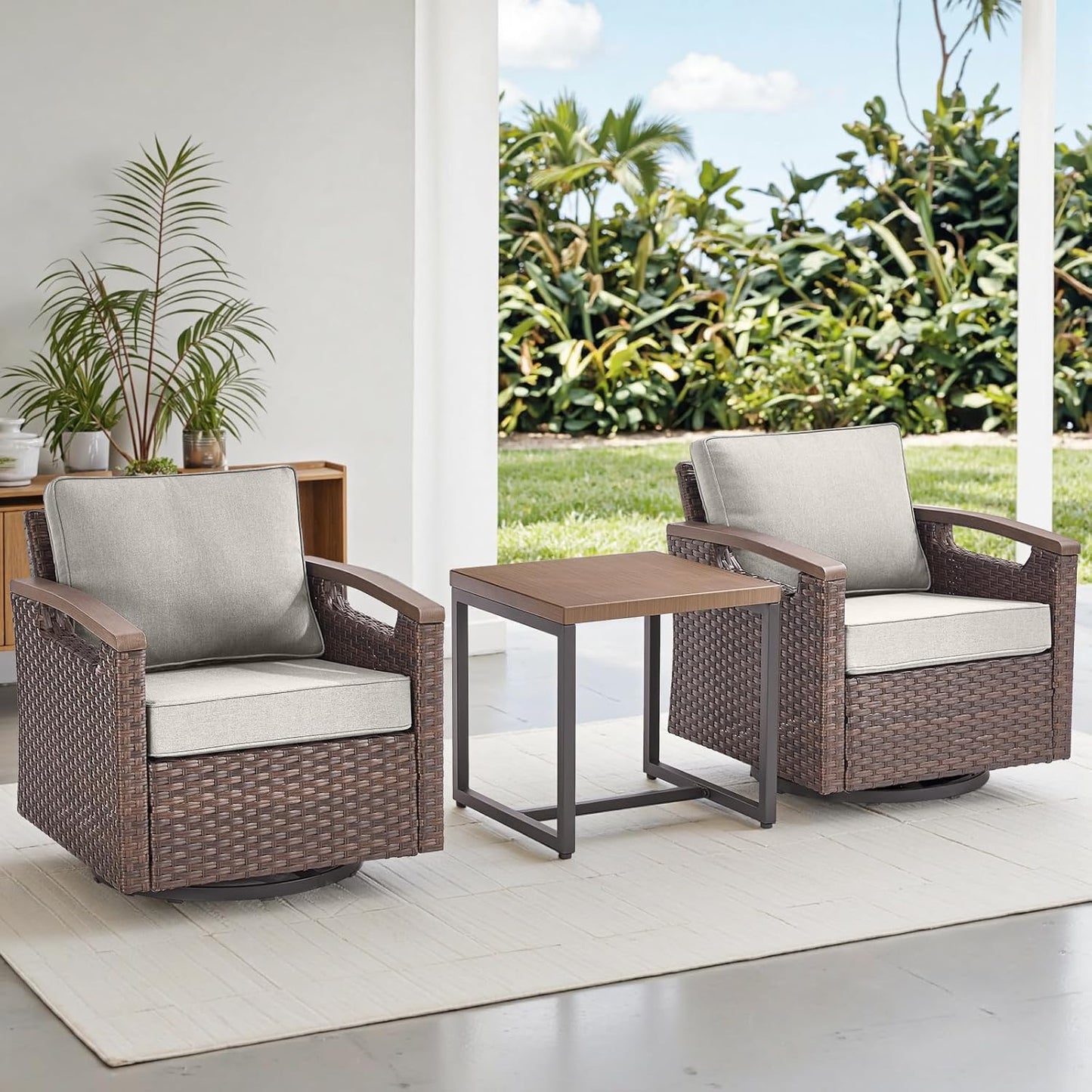 Outdoor Patio Swivel Rocking Chairs Set of 2, All Weather Wicker, Metal Armrest, Deep Seating, Thick Comfortable Cushions, Ideal for Deck Porch Backyard, Brown/Beige