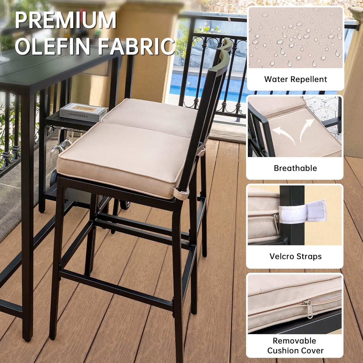 3 Piece Outdoor Patio Bar Set, 47" Rectangular Counter Height High Top Bar Table with Wheels, 2 Cushioned Bar Stools, Metal Bar Table and Chairs Set for Balcony, Backyard, Porch