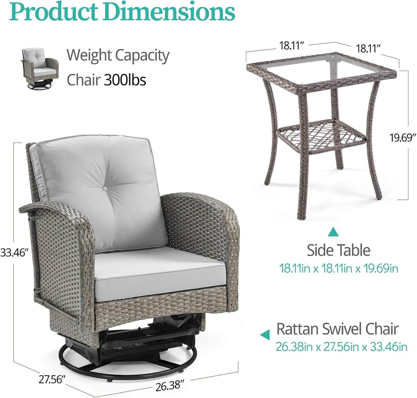 Outdoor Swivel Rocker Chairs Set, 3 Piece Patio Swivel Chairs Furniture Set, All-Weather Wicker Bistro Set, Washable Cushions, Ideal for Porch, Deck, Balcony, Backyard (LightGray)