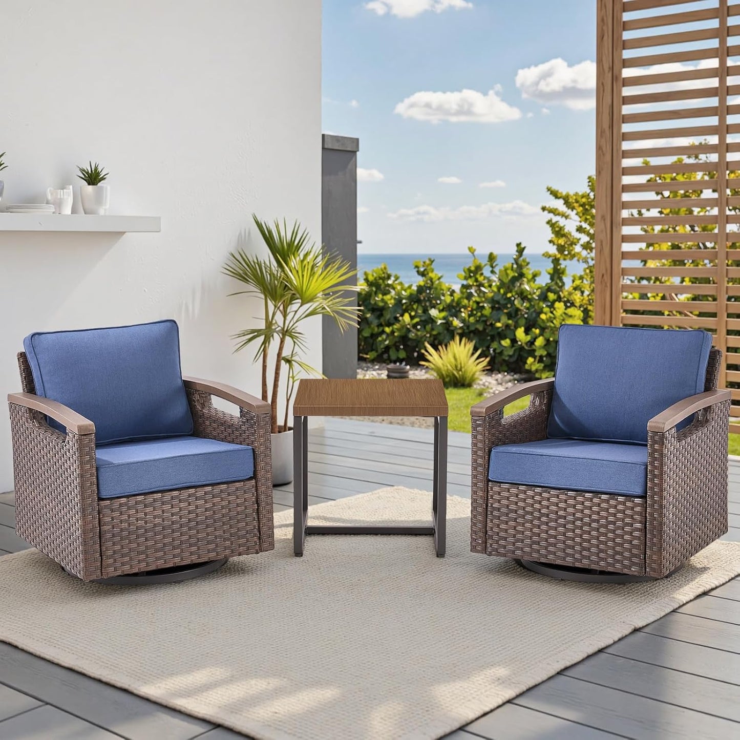 Outdoor Patio Swivel Rocking Chairs Set of 2, All Weather Wicker, Metal Armrest, Deep Seating, Thick Comfortable Cushions, Ideal for Deck Porch Backyard, Brown/Beige