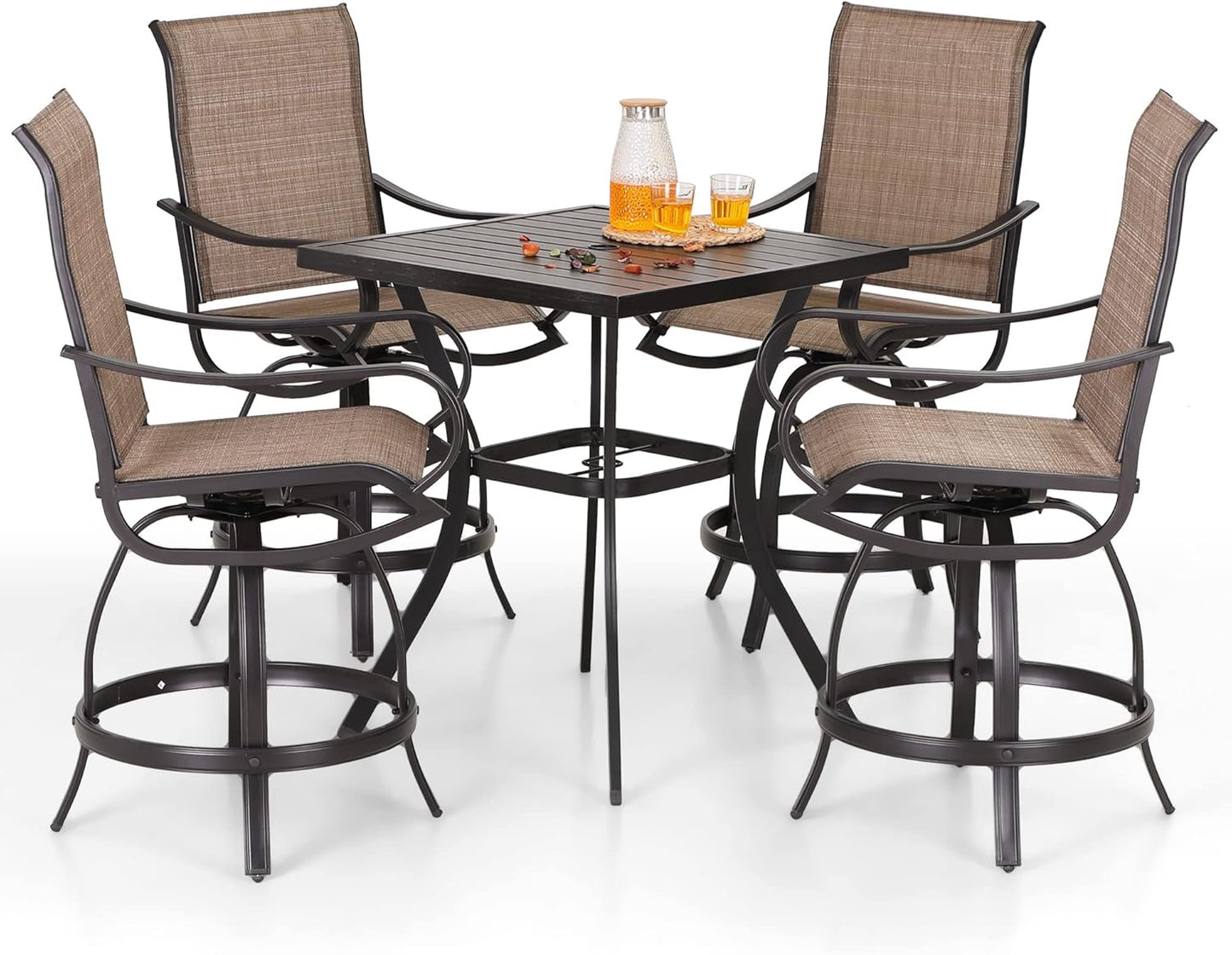 PHI VILLA 5PCS Patio Bar Set, Metal Bar Height Table and 4 Outdoor Swivel Bar Chairs with Textilene Fabric and Thickened Black Metal Frame,High Patio Furniture for Garden,Yard