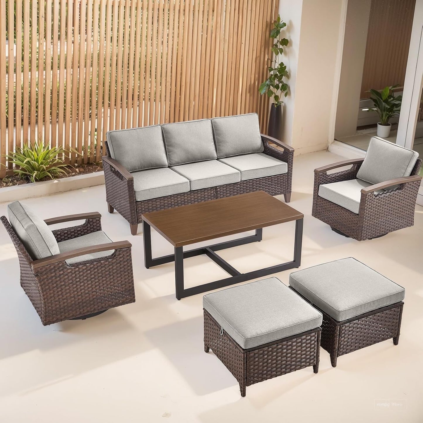 Outdoor Patio Swivel Rocking Chairs Set of 2, All Weather Wicker, Metal Armrest, Deep Seating, Thick Comfortable Cushions, Ideal for Deck Porch Backyard, Brown/Beige