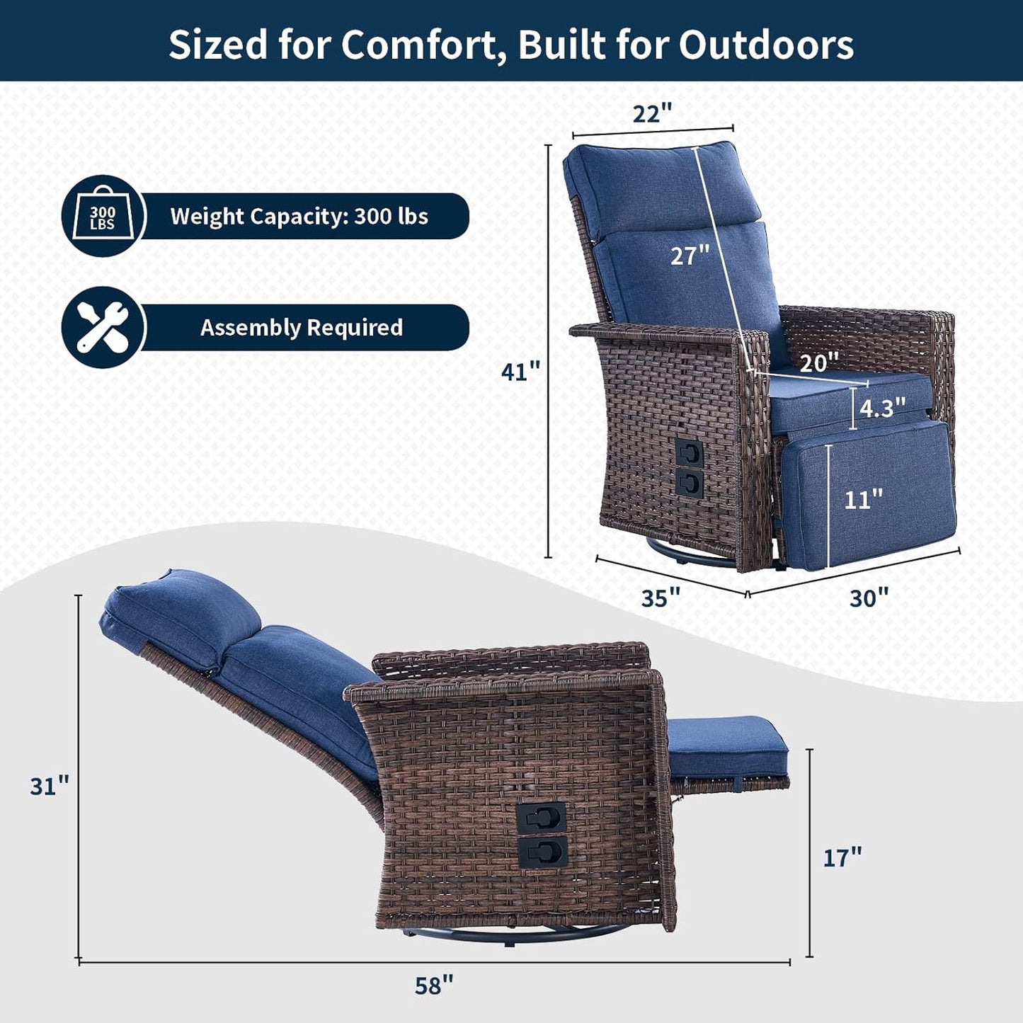Swivel Patio Recliner Chairs Set of 2, 360° Rotation Outdoor Lounge Chairs, Adjustable Backrest & Footrest, Wide Armrests, PE Wicker with Removable Cushions for Deck, Poolside, Garden