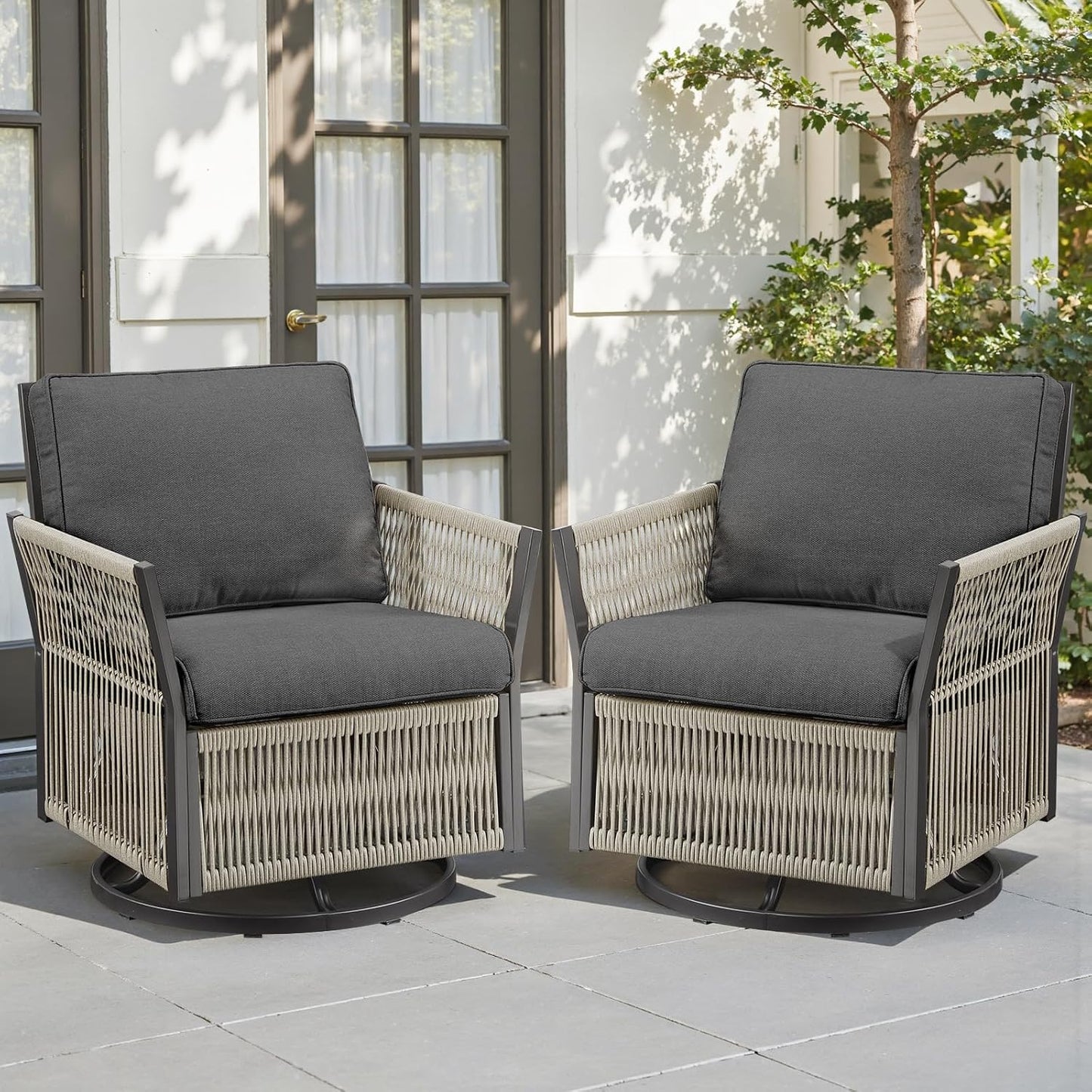 Wicker Swivel Rocker Patio Chairs, Patio Wicker Chairs Swivel Rocker Set of 2 Comfy Glider Rocking Chair Outdoor Conversation Furniture Set for Deck Porch Sunroom Backyard, Beige