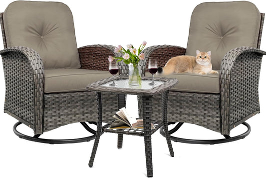 3-Piece Swivel Rocker Wicker Chair Set of 2 ，360-Degree Rocking Chairs Outdoor with Cushions，Glass Table for Garden,Backyard, Bistro.Brown