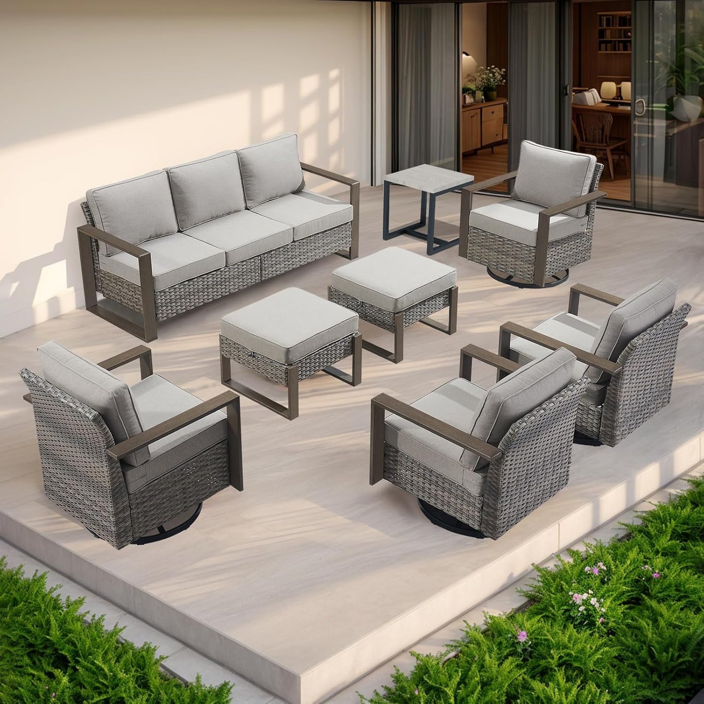 Outdoor Patio Swivel Rocker Chairs - Wicker Rattan Patio Swivel Rocking Chairs Set of 2 with Metal Wide Armrest, Thick Cushions and Deep Seating for Deck Porch Sunroom Garden(Brown/Grey)