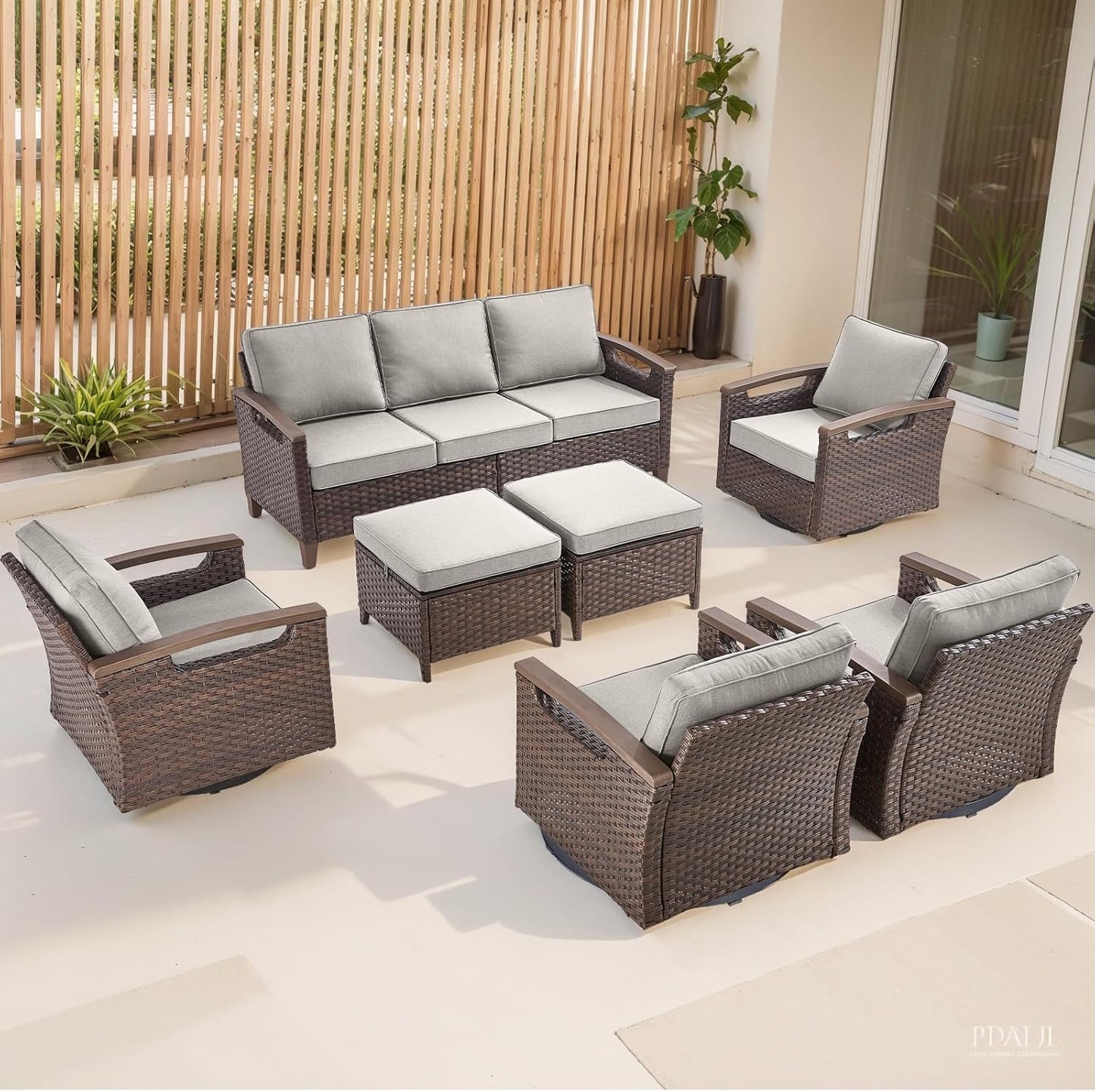Outdoor Patio Swivel Rocking Chairs Set of 2, All Weather Wicker, Metal Armrest, Deep Seating, Thick Comfortable Cushions, Ideal for Deck Porch Backyard, Brown/Beige