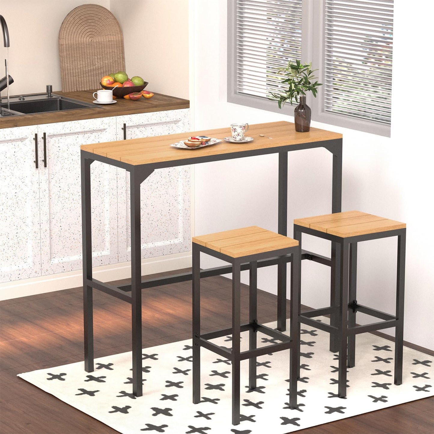 AECOJOY 3-Piece Outdoor Bar Set, Patio Bar Height Table and Chairs Set 47" Rectangular Pub Height Bar Table with 2 Bar Stools Patio Pub Bar Set for Balcony, Porch