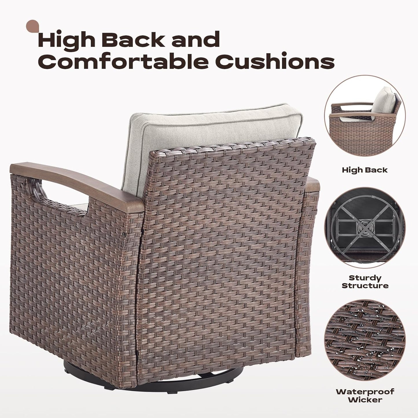 Outdoor Patio Swivel Rocking Chairs Set of 2, All Weather Wicker, Metal Armrest, Deep Seating, Thick Comfortable Cushions, Ideal for Deck Porch Backyard, Brown/Beige