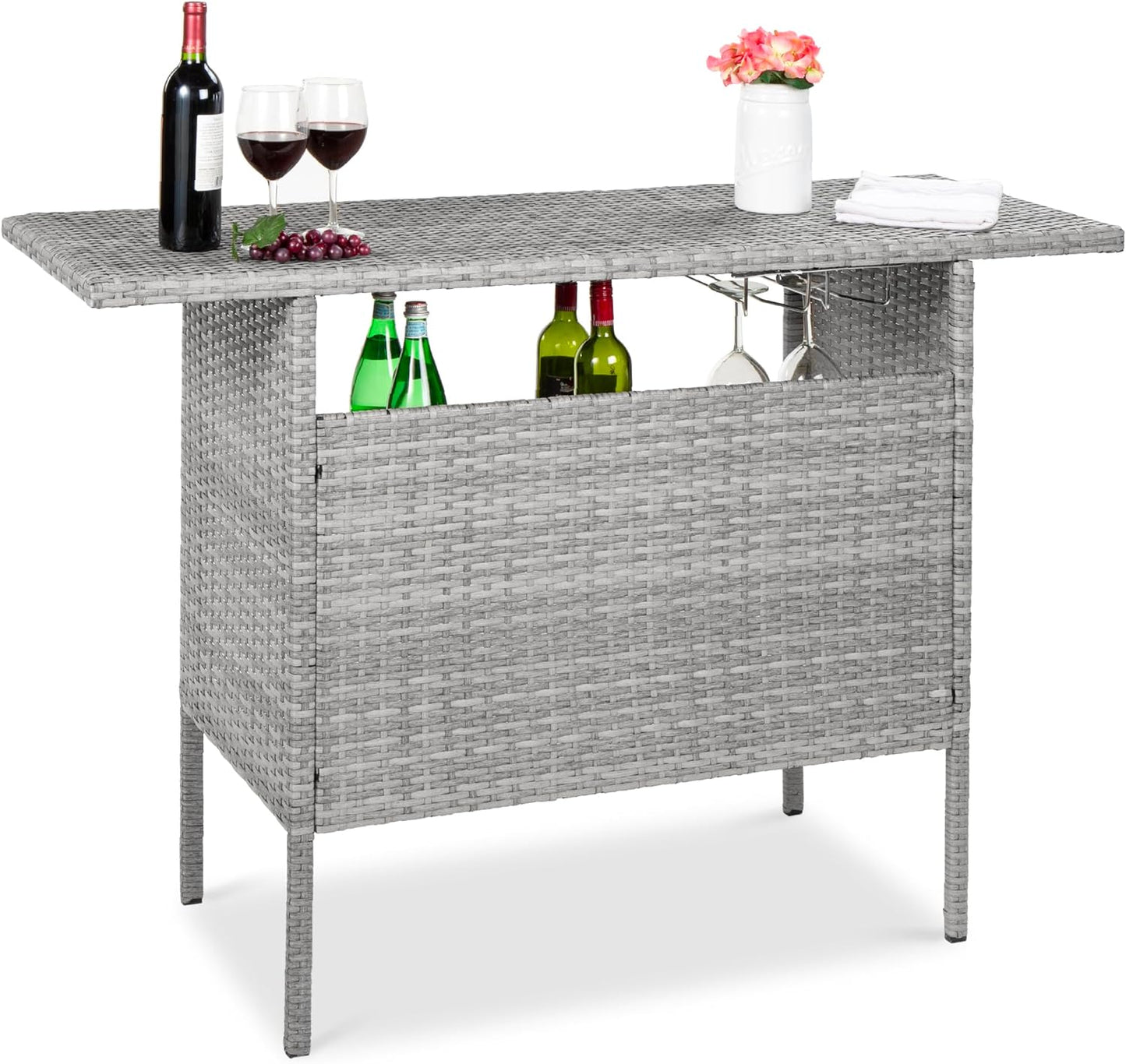 Best Choice Products Outdoor Patio Wicker Bar Counter Table Backyard Furniture w/ 2 Steel Shelves and 2 Sets of Rails - Brown