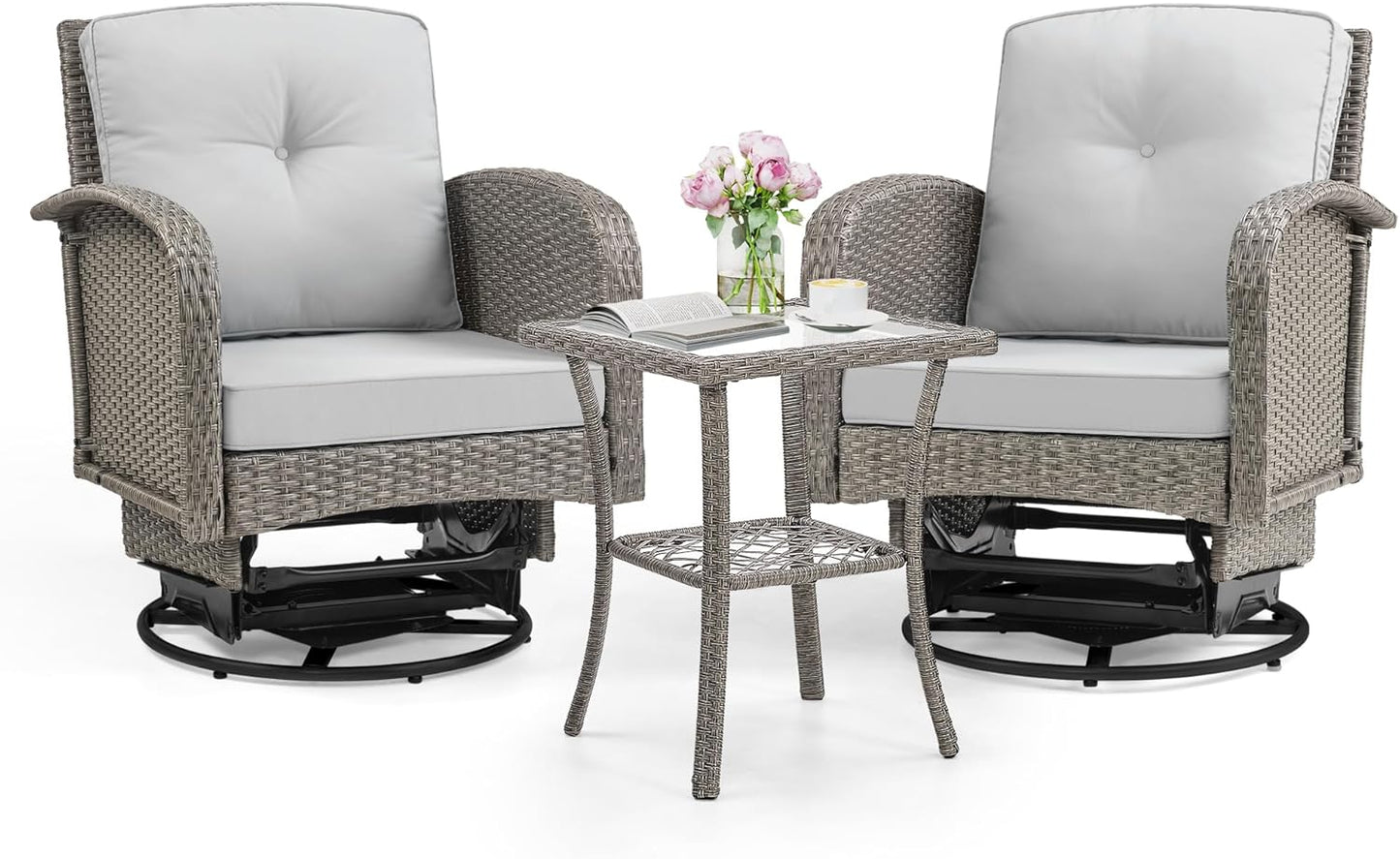 Outdoor Swivel Rocker Chairs Set, 3 Piece Patio Swivel Chairs Furniture Set, All-Weather Wicker Bistro Set, Washable Cushions, Ideal for Porch, Deck, Balcony, Backyard (LightGray)