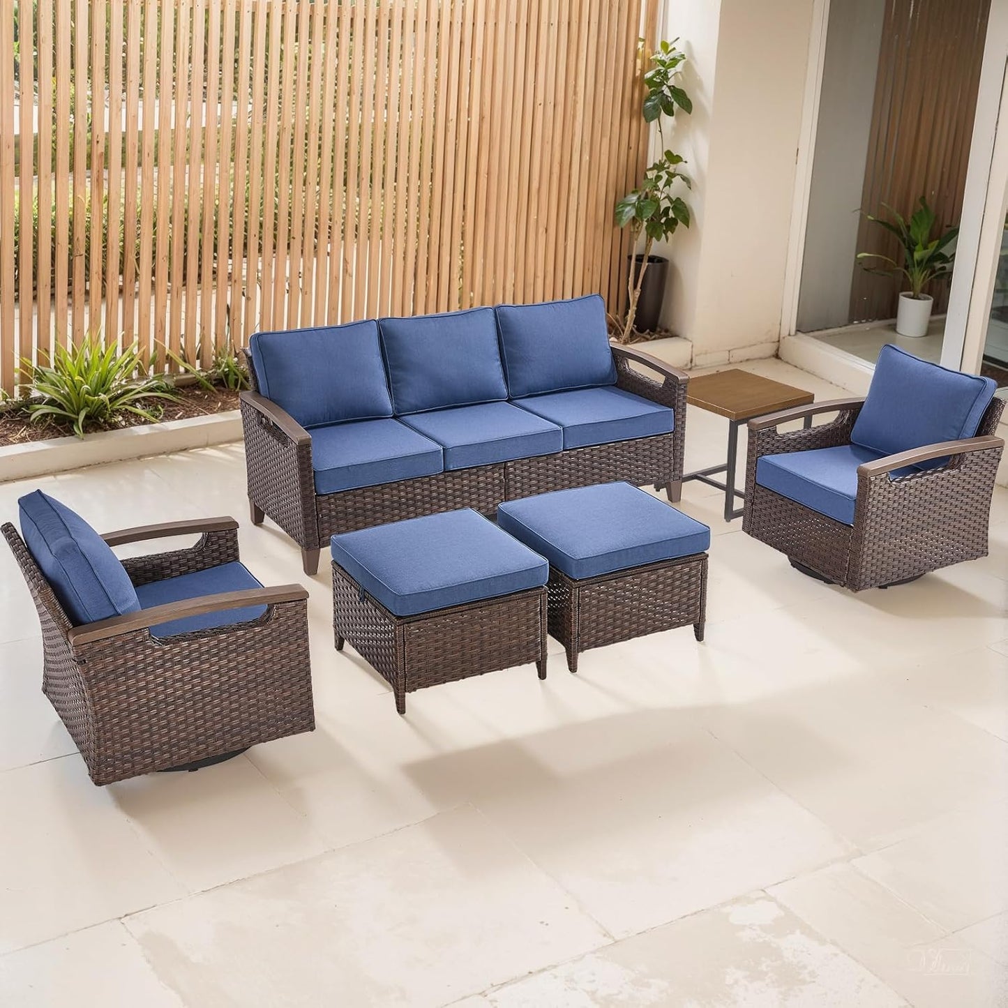 Outdoor Patio Swivel Rocking Chairs Set of 2, All Weather Wicker, Metal Armrest, Deep Seating, Thick Comfortable Cushions, Ideal for Deck Porch Backyard, Brown/Beige