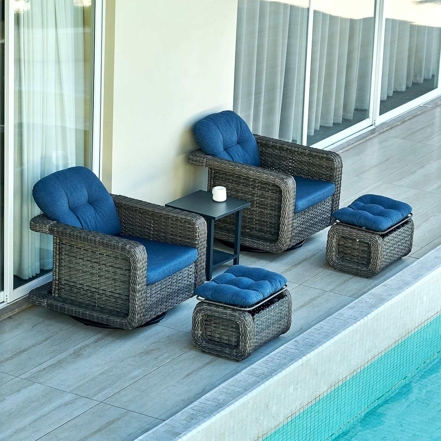 Patio Glider Swivel Rocker Set: 2piece Patio Furniture Sets, 360° Swivel Rocking Chairs with Ottoman, Rust-Resistant Cushion -Perfect for Backyard/Deck/Porch/Balcony Decors- Gray Wicker, Blue Cushion