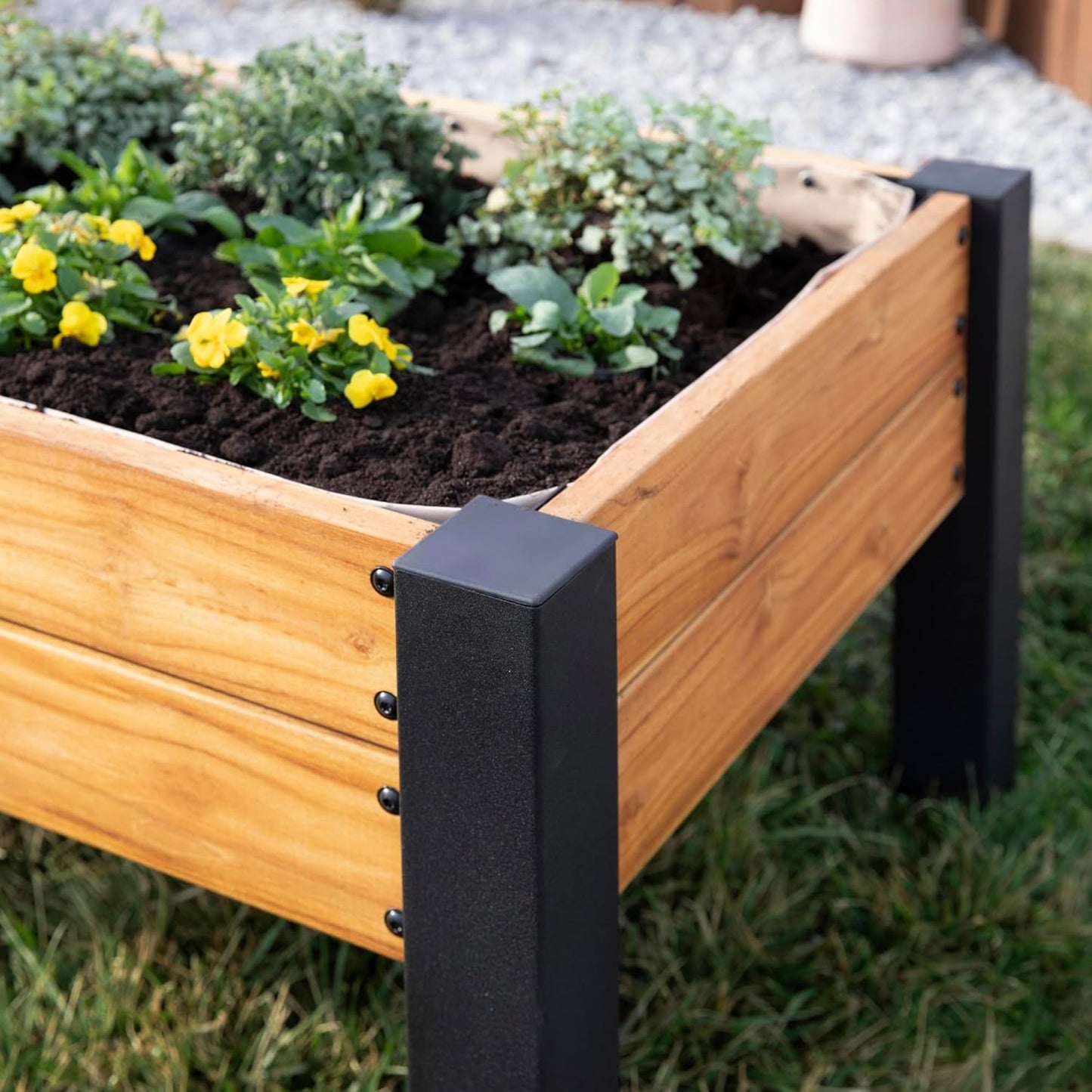 Backyard Discovery 48" Teak Wood Raised Garden Bed Planter Box with Galvanized Steel Legs, Mesh Liner for Outdoor Gardening, Patio, Balcony, Deck, Porch