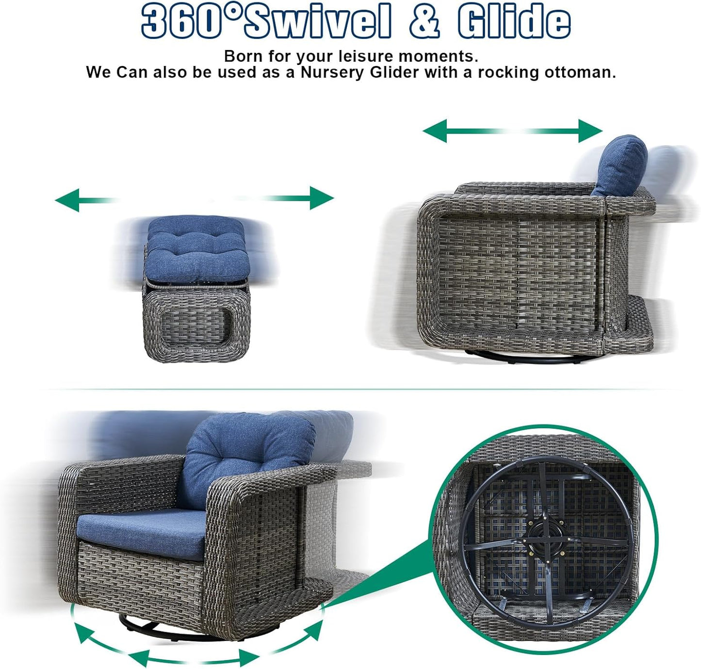 Patio Glider Swivel Rocker Set: 2piece Patio Furniture Sets, 360° Swivel Rocking Chairs with Ottoman, Rust-Resistant Cushion -Perfect for Backyard/Deck/Porch/Balcony Decors- Gray Wicker, Blue Cushion