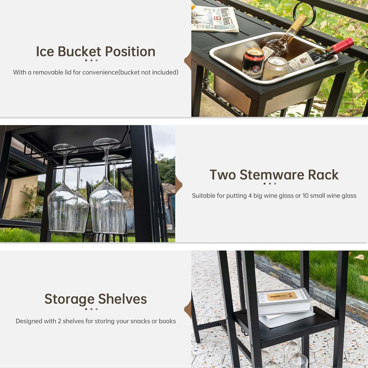 3 Piece Outdoor Patio Bar Set, 47" Rectangular Counter Height High Top Bar Table with Wheels, 2 Cushioned Bar Stools, Metal Bar Table and Chairs Set for Balcony, Backyard, Porch