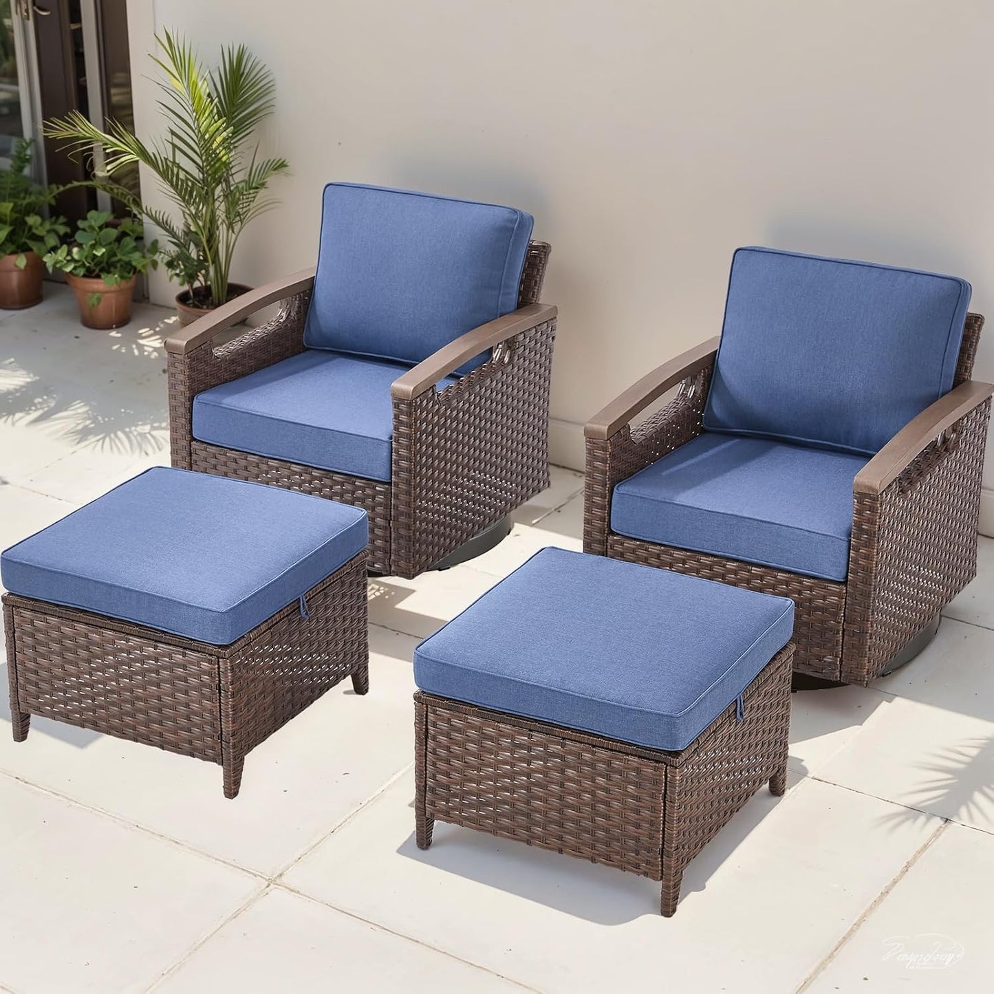 Outdoor Patio Swivel Rocking Chairs Set of 2, All Weather Wicker, Metal Armrest, Deep Seating, Thick Comfortable Cushions, Ideal for Deck Porch Backyard, Brown/Beige