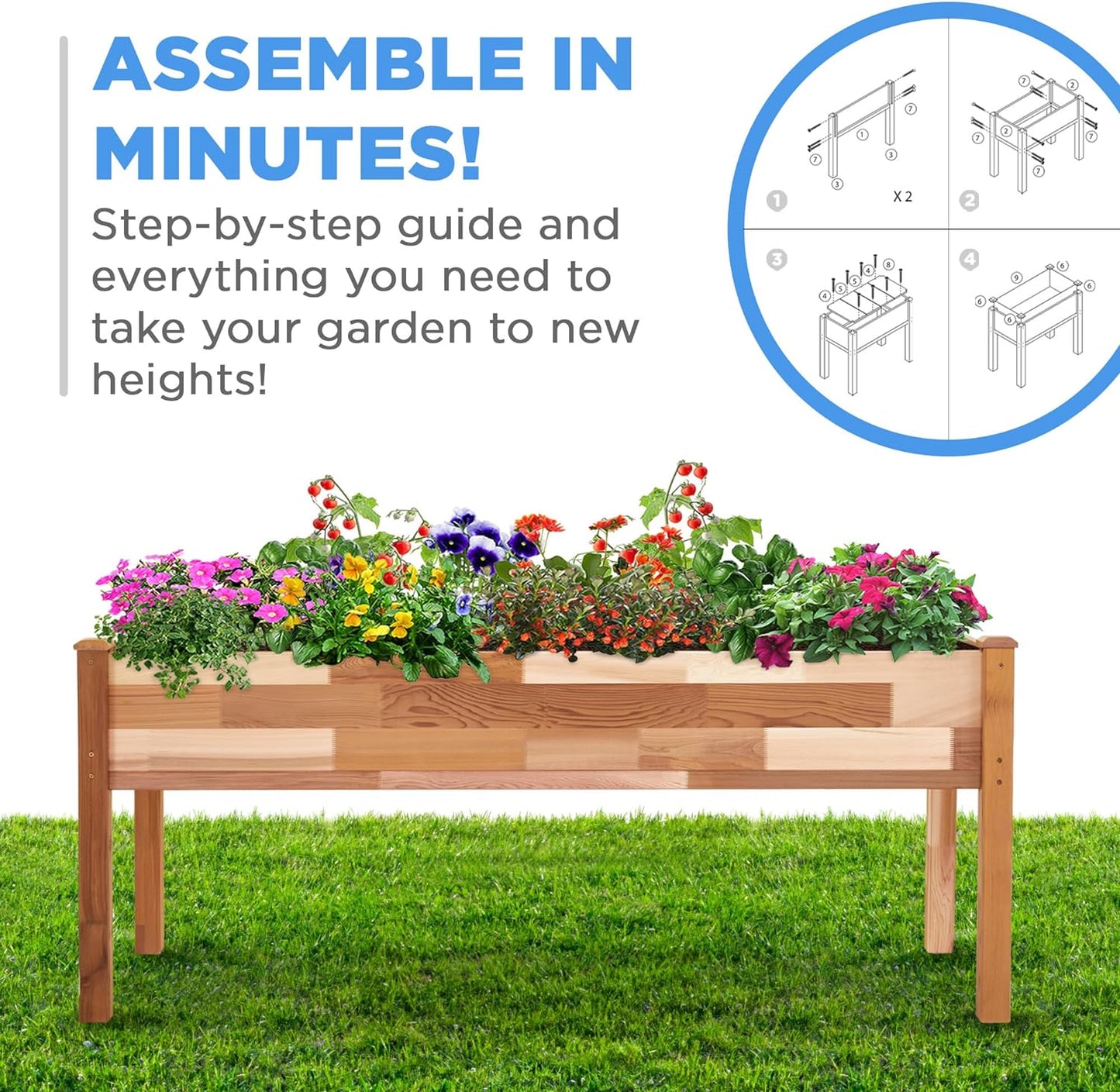 Jumbl, Cedar Raised Garden Bed, Elevated Wood Planter for Growing Fresh Herbs, Vegetables, Flowers, Succulents - 72x23x30”