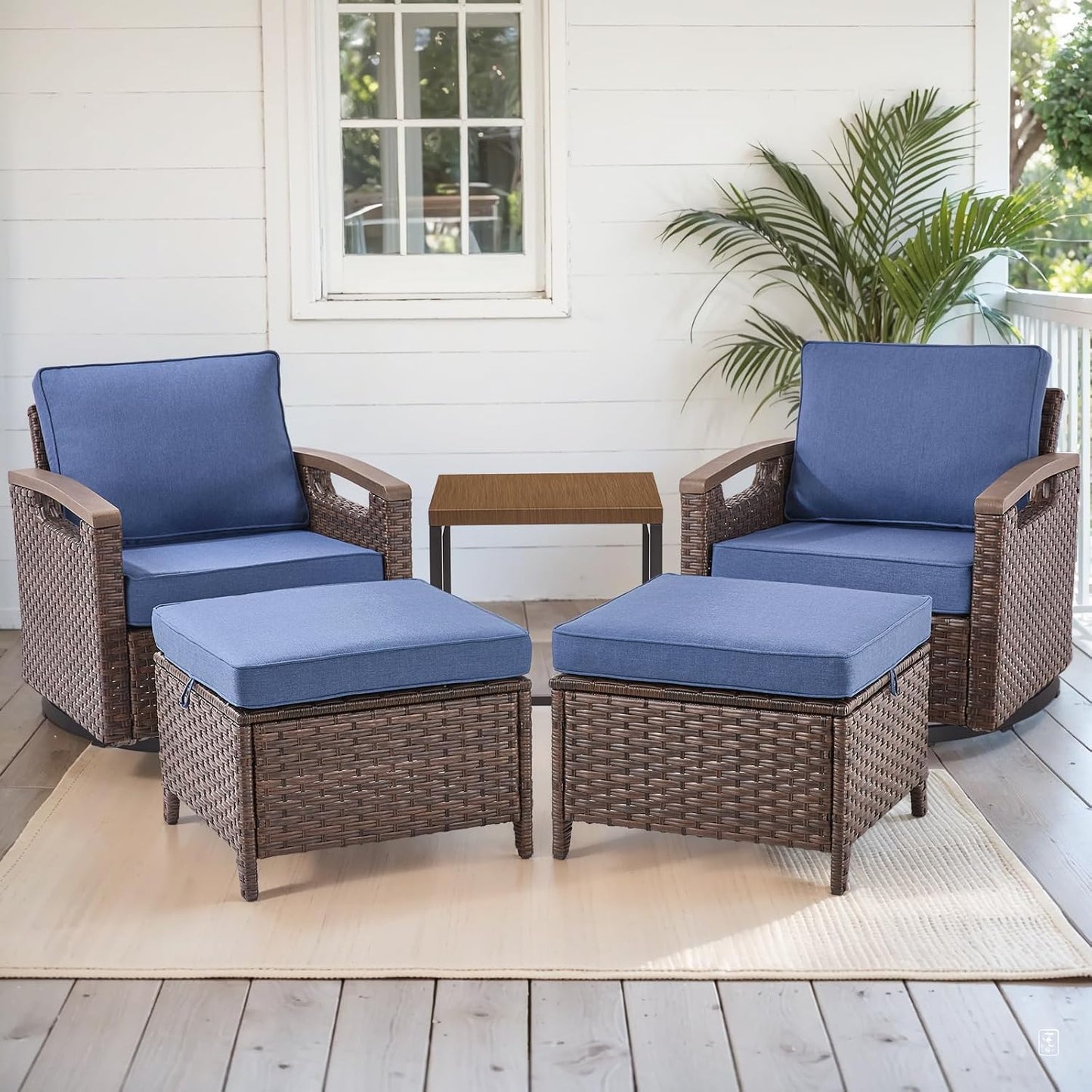 Outdoor Patio Swivel Rocking Chairs Set of 2, All Weather Wicker, Metal Armrest, Deep Seating, Thick Comfortable Cushions, Ideal for Deck Porch Backyard, Brown/Beige