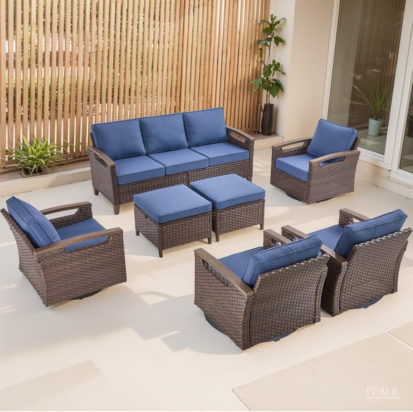 Outdoor Patio Swivel Rocking Chairs Set of 2, All Weather Wicker, Metal Armrest, Deep Seating, Thick Comfortable Cushions, Ideal for Deck Porch Backyard, Brown/Beige
