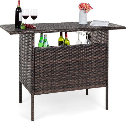 Best Choice Products Outdoor Patio Wicker Bar Counter Table Backyard Furniture w/ 2 Steel Shelves and 2 Sets of Rails - Brown