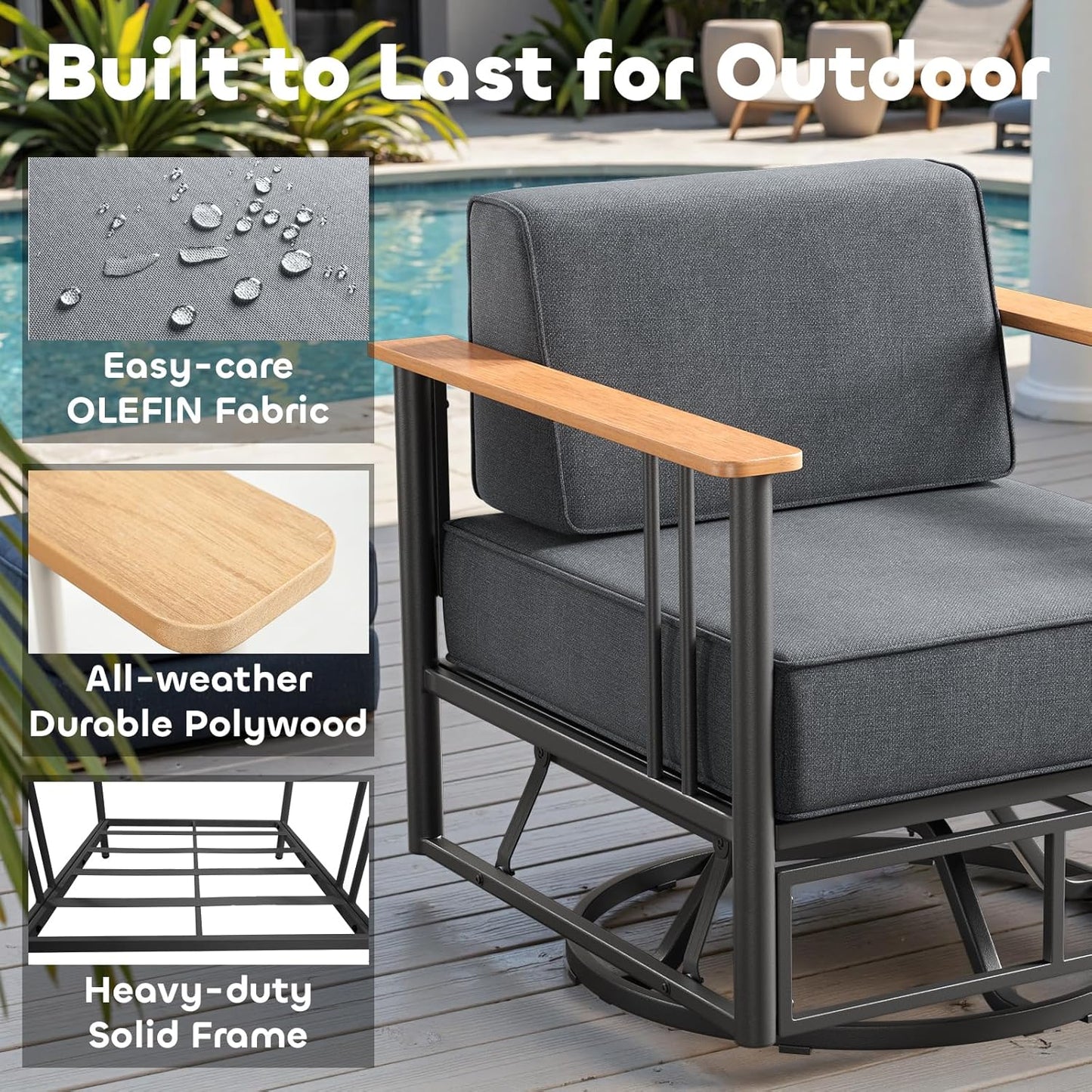 Luxury Patio Swivel Chairs with 6" Extra Thick Cushions, Outdoor Furniture Set with Ottomans and Side Table, Swivel Outdoor Chairs for Porch, Balcony, Deck, Patio, Yard, Poolside, Black/Grey