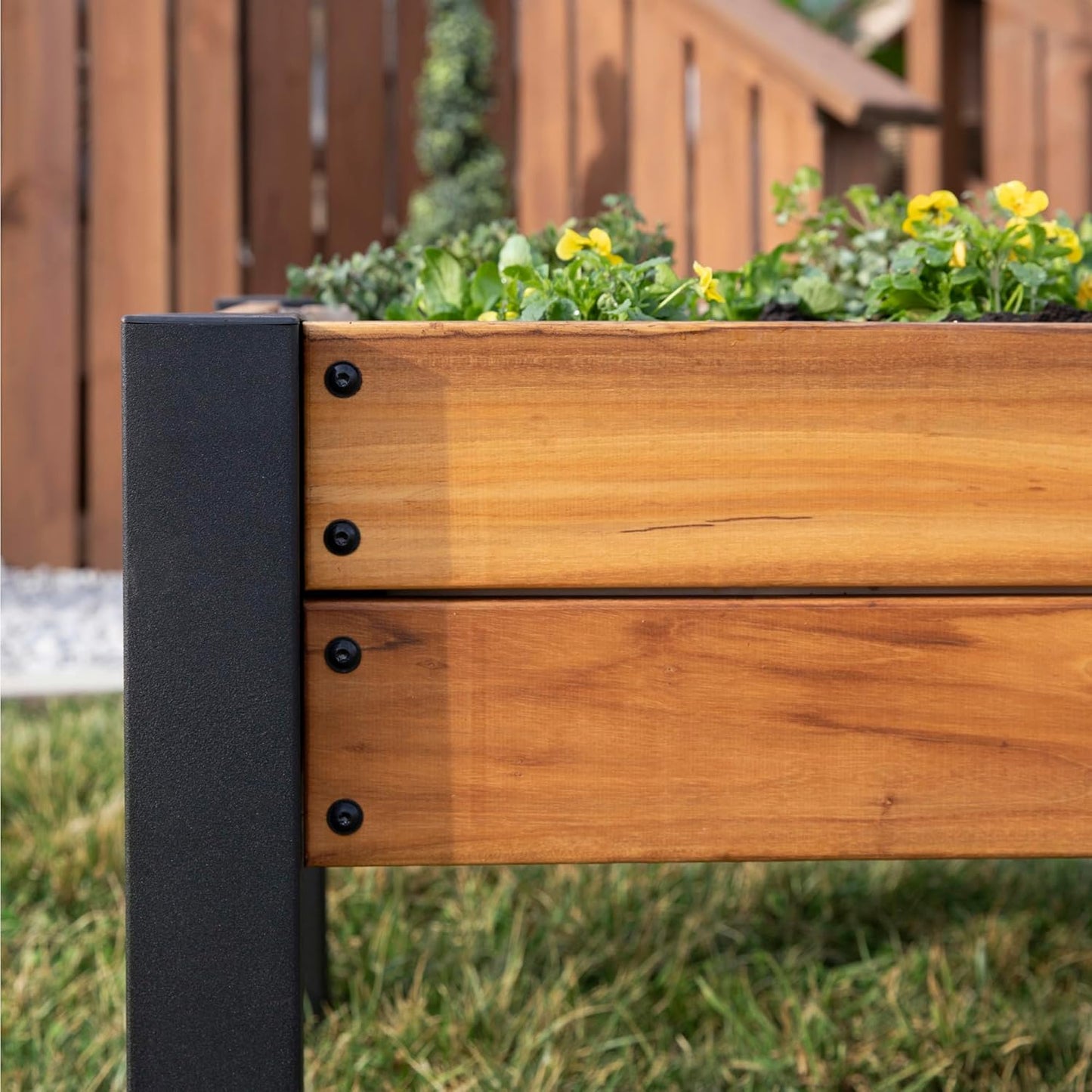 Backyard Discovery 48" Teak Wood Raised Garden Bed Planter Box with Galvanized Steel Legs, Mesh Liner for Outdoor Gardening, Patio, Balcony, Deck, Porch