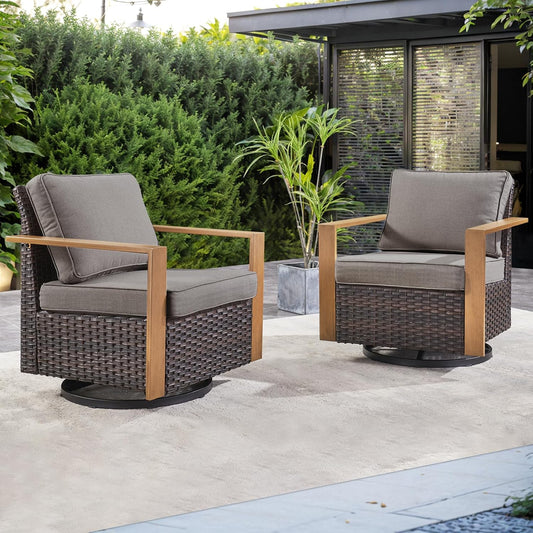 Outdoor Patio Swivel Rocker Chairs - Wicker Rattan Patio Swivel Rocking Chairs Set of 2 with Metal Wide Armrest, Thick Cushions and Deep Seating for Deck Porch Sunroom Garden(Brown/Grey)