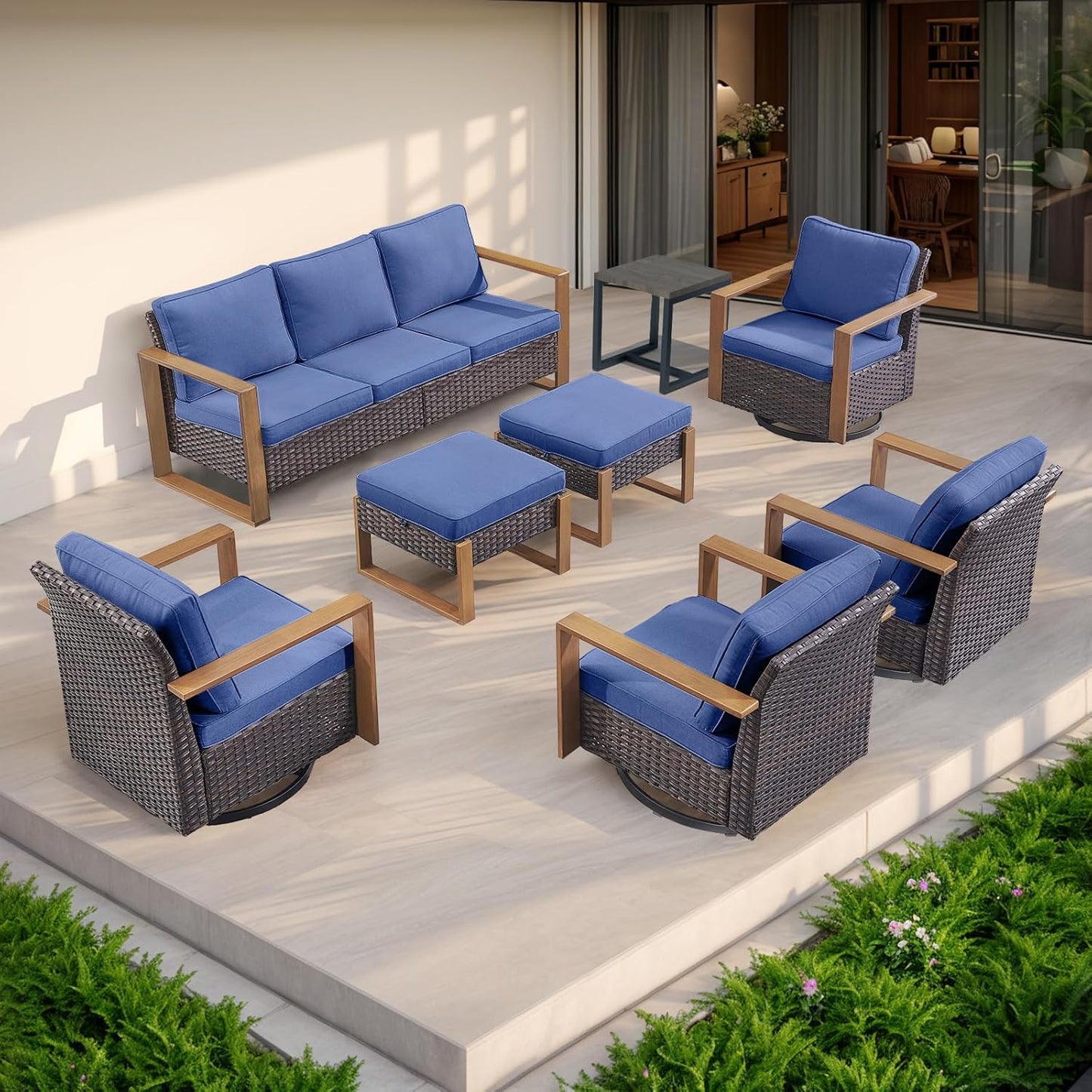 Outdoor Patio Swivel Rocker Chairs - Wicker Rattan Patio Swivel Rocking Chairs Set of 2 with Metal Wide Armrest, Thick Cushions and Deep Seating for Deck Porch Sunroom Garden(Brown/Grey)
