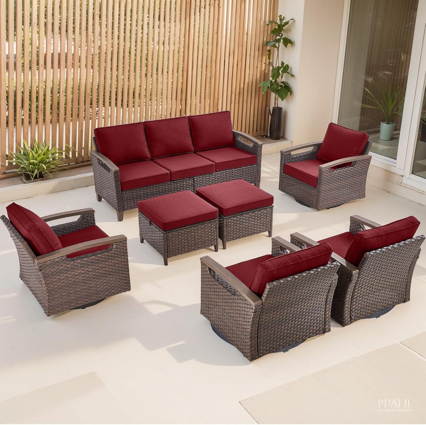 Outdoor Patio Swivel Rocking Chairs Set of 2, All Weather Wicker, Metal Armrest, Deep Seating, Thick Comfortable Cushions, Ideal for Deck Porch Backyard, Brown/Beige