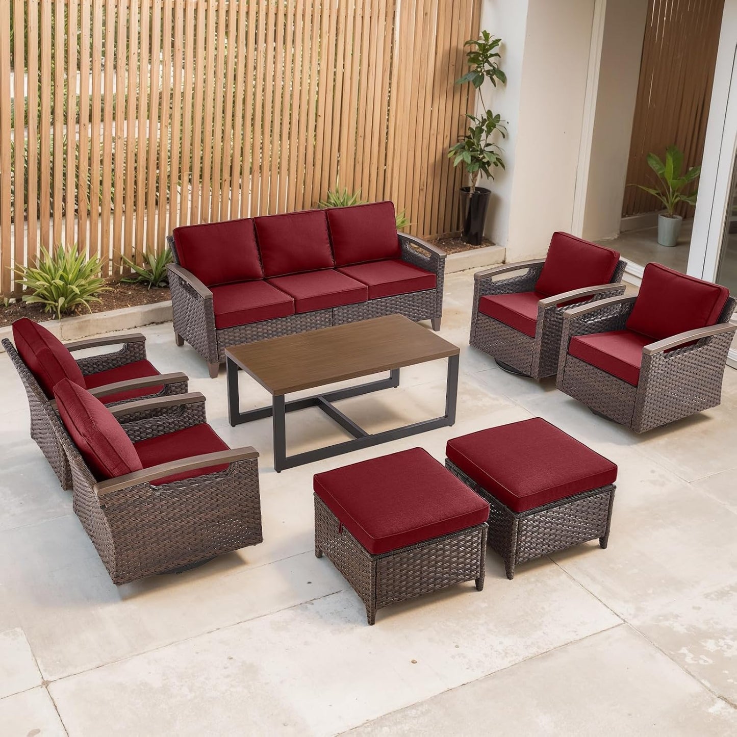 Outdoor Patio Swivel Rocking Chairs Set of 2, All Weather Wicker, Metal Armrest, Deep Seating, Thick Comfortable Cushions, Ideal for Deck Porch Backyard, Brown/Beige