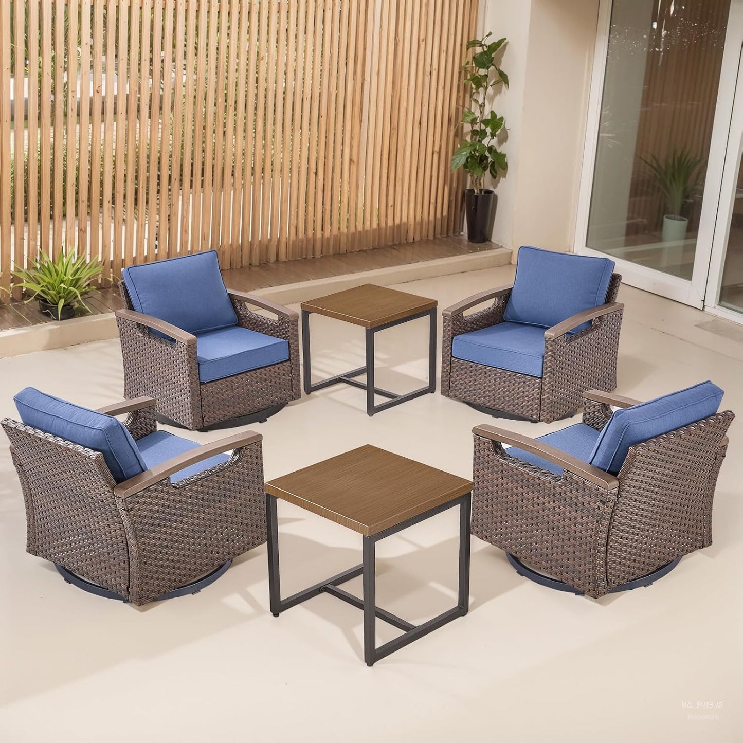 Outdoor Patio Swivel Rocking Chairs Set of 2, All Weather Wicker, Metal Armrest, Deep Seating, Thick Comfortable Cushions, Ideal for Deck Porch Backyard, Brown/Beige