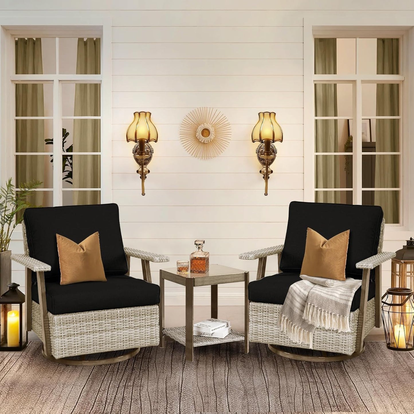 2 PCS Outdoor Patio Furniture Set, Oversized Swivel Patio Chairs Set of 2, Outdoor Swivel Rocking Glider Chairs Set, Brown/Taupe PE Wicker Rocking Chair with Cushion