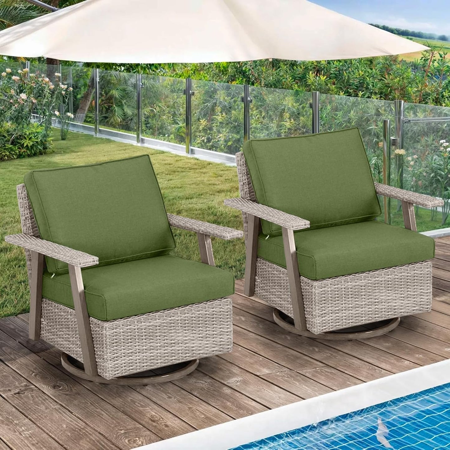 2 PCS Outdoor Patio Furniture Set, Oversized Swivel Patio Chairs Set of 2, Outdoor Swivel Rocking Glider Chairs Set, Brown/Taupe PE Wicker Rocking Chair with Cushion