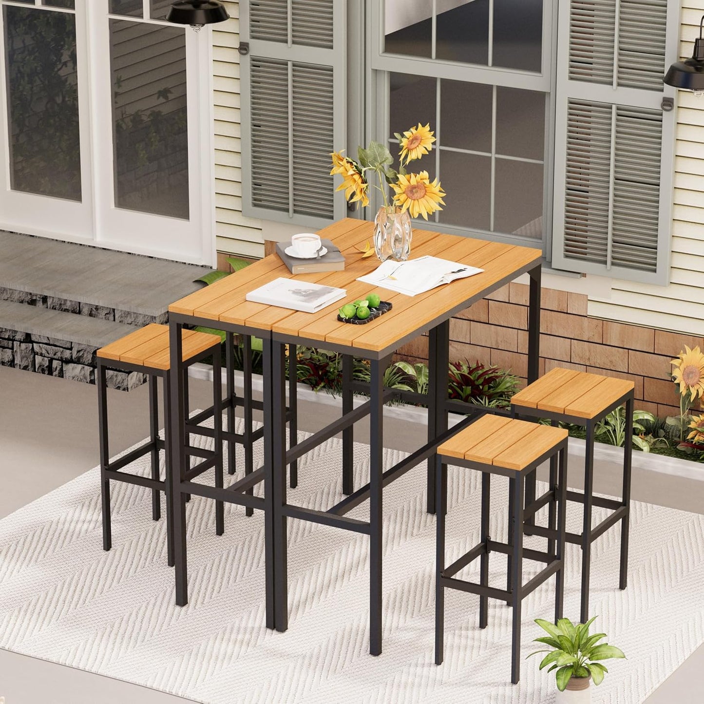 AECOJOY 3-Piece Outdoor Bar Set, Patio Bar Height Table and Chairs Set 47" Rectangular Pub Height Bar Table with 2 Bar Stools Patio Pub Bar Set for Balcony, Porch