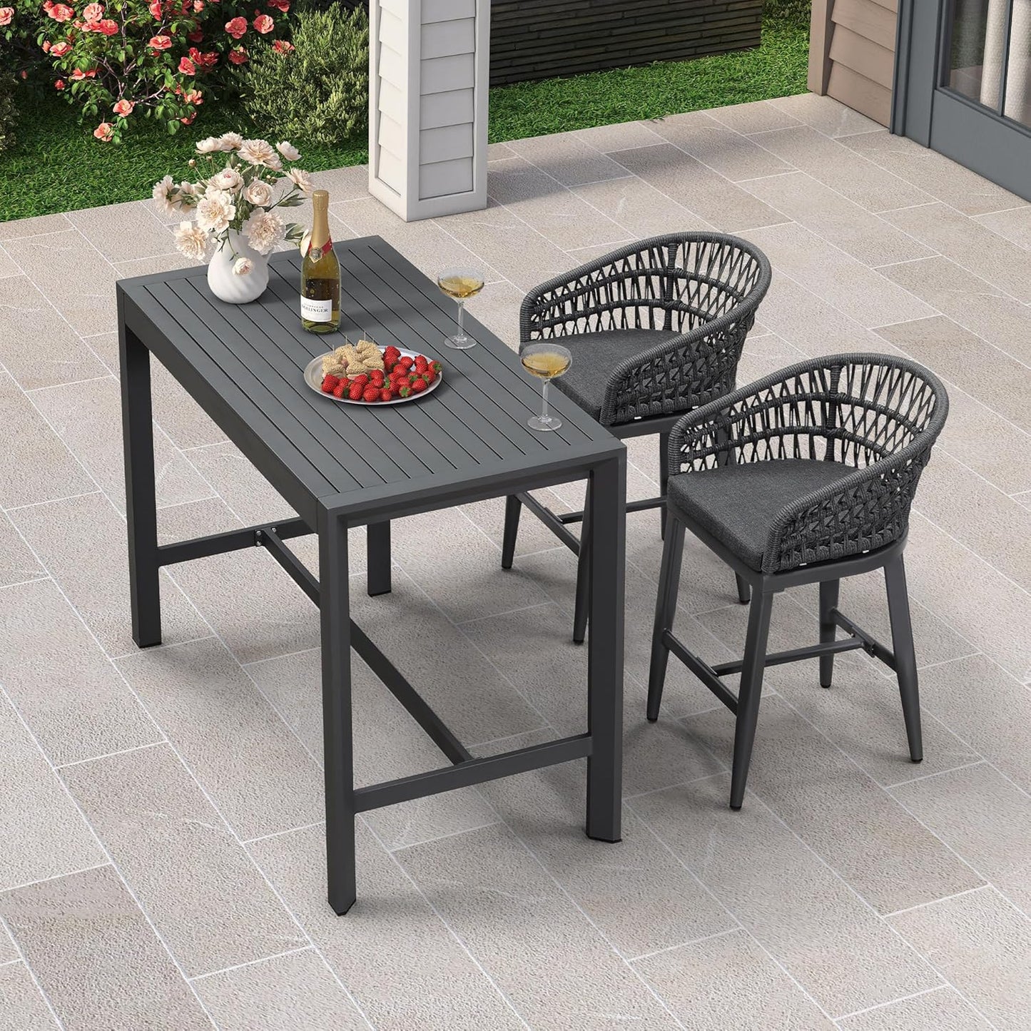 PURPLE LEAF 3 Pieces Outdoor Rattan 29" Bar Stools and Table Set, Modern Boho Aluminum Patio Bar Height Chair Bar Table for Outdoor and Indoor, Champagne