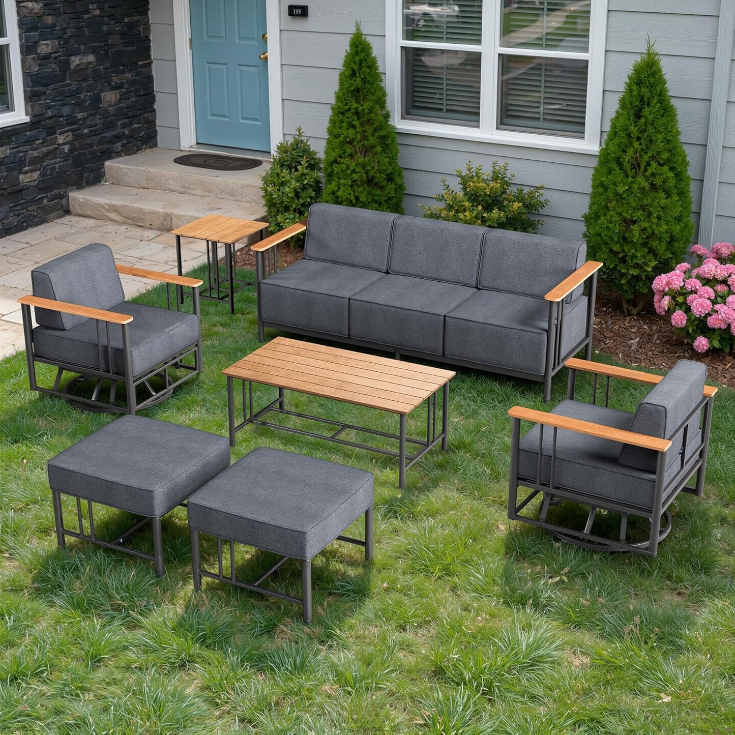 Luxury Patio Swivel Chairs with 6" Extra Thick Cushions, Outdoor Furniture Set with Ottomans and Side Table, Swivel Outdoor Chairs for Porch, Balcony, Deck, Patio, Yard, Poolside, Black/Grey