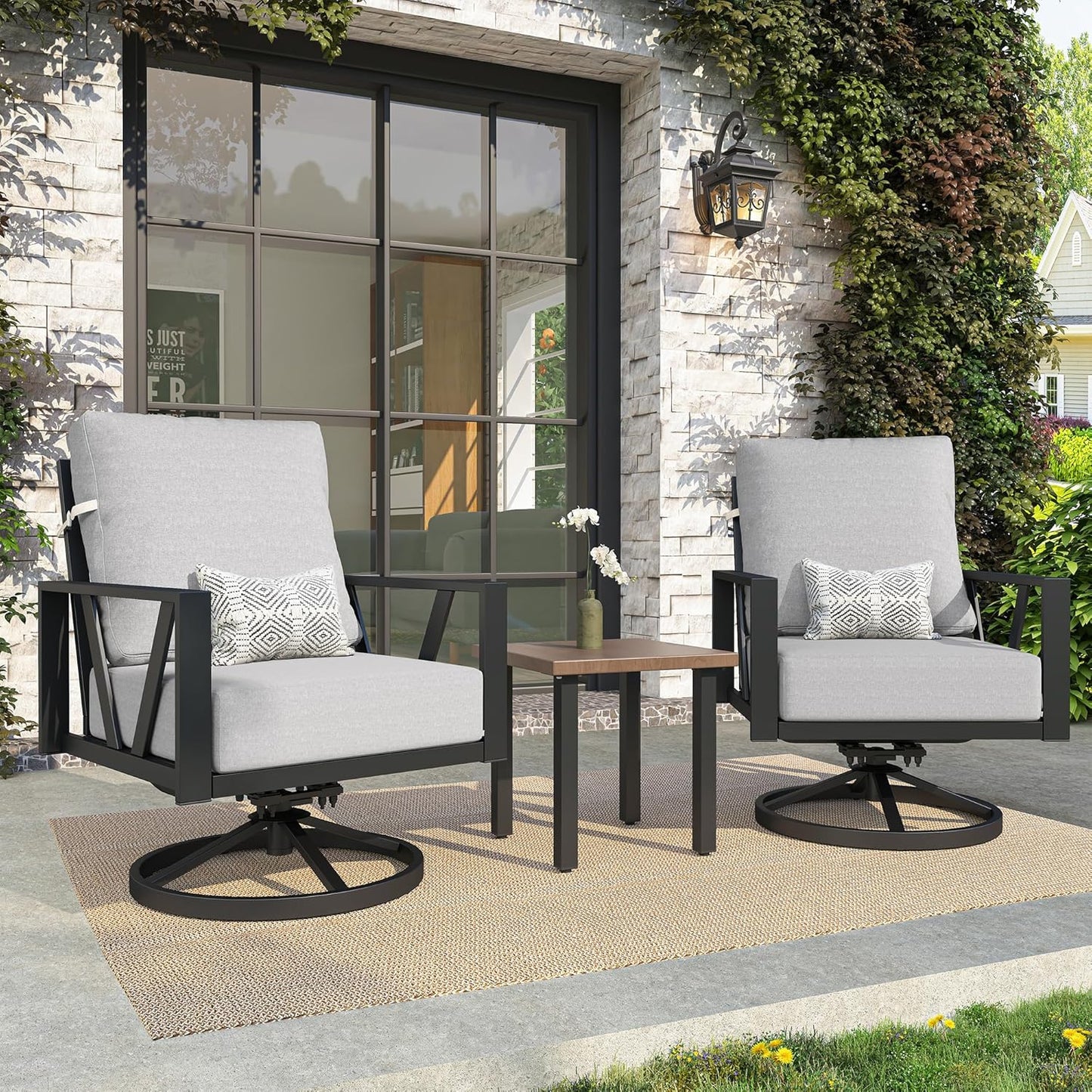 Outdoor Patio Swivel Rocking Chairs Set, Patio Porch Furniture with 6" Thick Cushions, 3 Pieces Outdoor Bistro Set with Coffee Table for Balcony, 350lbs, Dark Grey