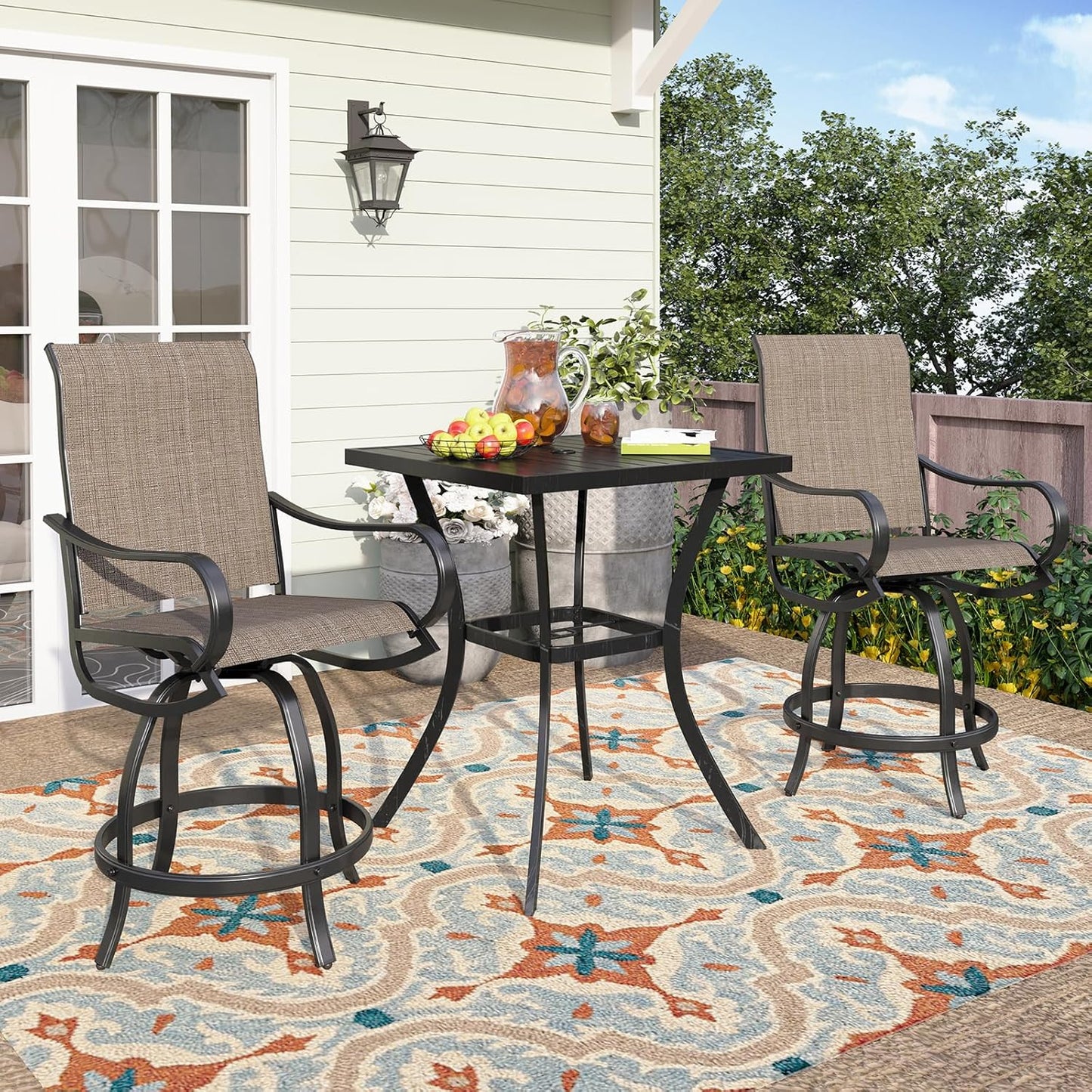 PHI VILLA 5PCS Patio Bar Set, Metal Bar Height Table and 4 Outdoor Swivel Bar Chairs with Textilene Fabric and Thickened Black Metal Frame,High Patio Furniture for Garden,Yard