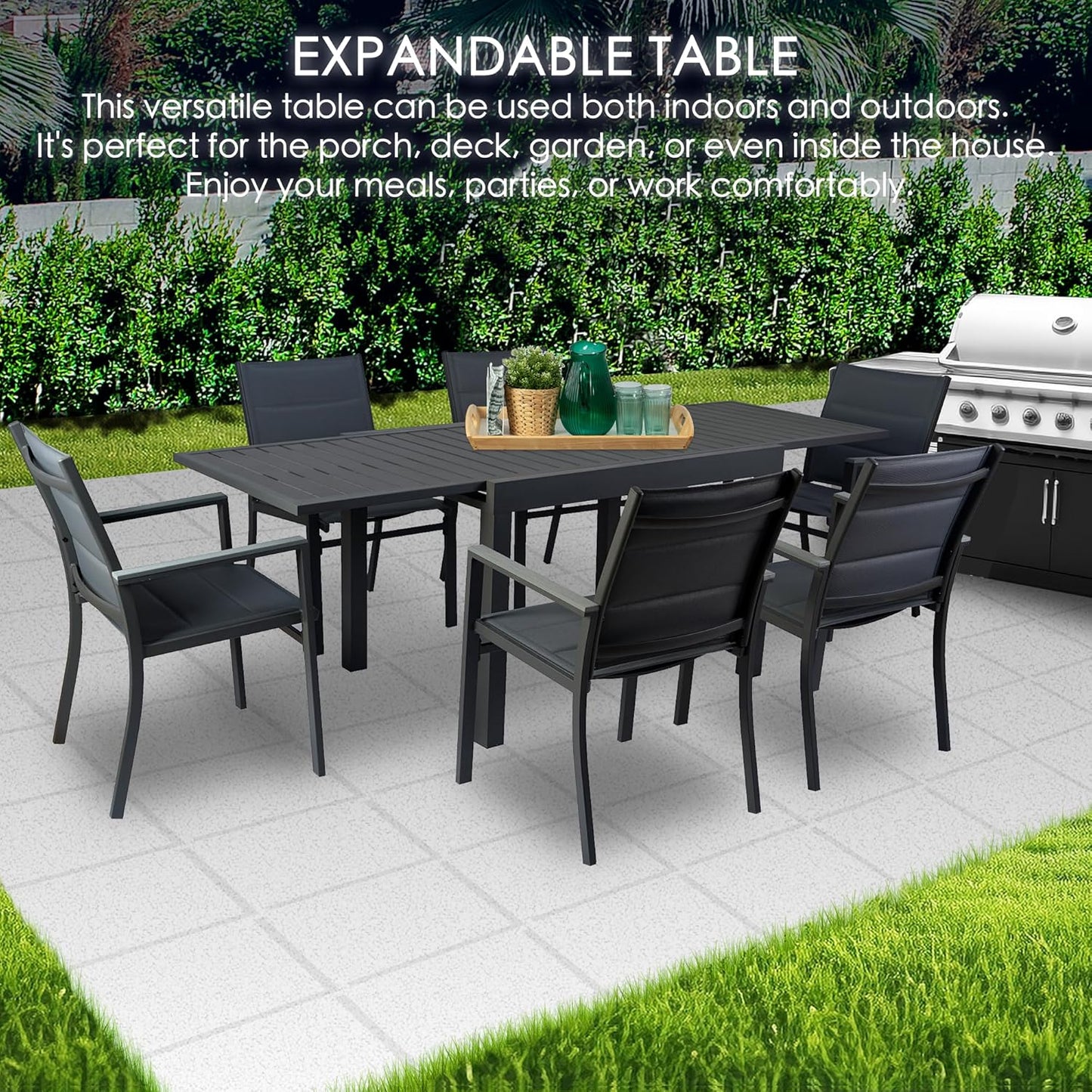 Kozyard Villa Expandable Patio Dining Table - Adjustable, Aluminum Outdoor Furniture for 4-6 Person, Perfect for Backyard, Porch, Deck, Garden - Dark Grey, 43"- 86"