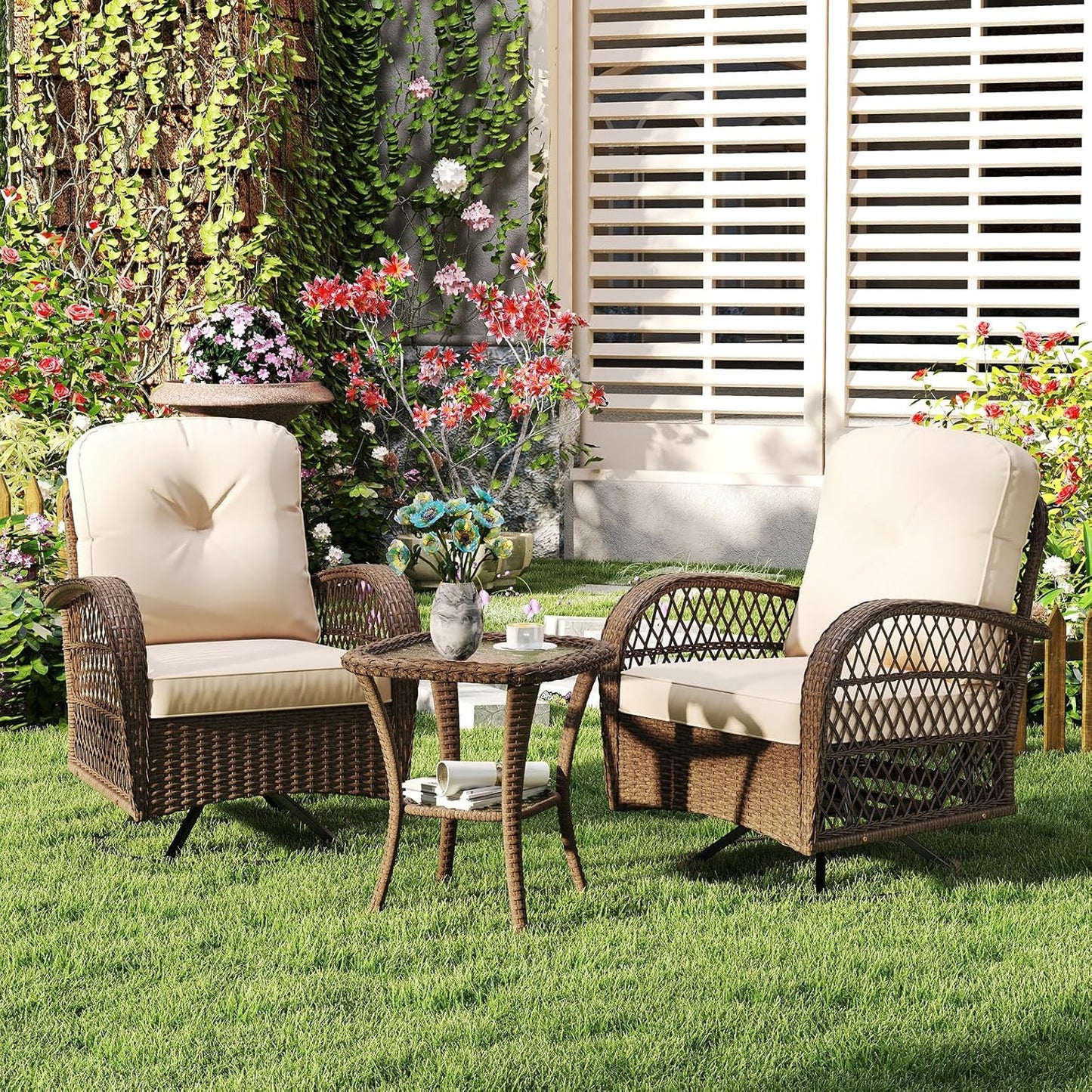 Tangkula 3 Piece Patio Swivel Rocker Set, 2 Outdoor Wicker Rocking Chairs with Tempered Glass Side Table, Outside Gliding Bistro Furniture Set with Thick Cushions for Porch, Yard, Balcony (Beige)