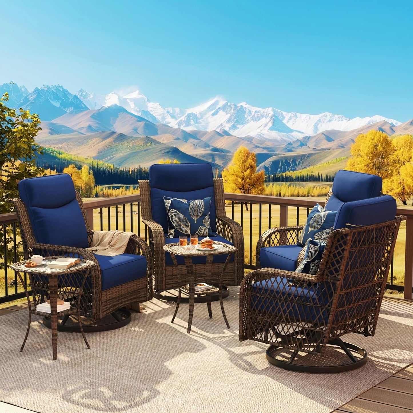 Outdoor Swivel Rocker Chairs 3 Pieces Wicker Swivel Patio Chair with Rattan Side Table, 5" Extra Thick Cushions and 25" Full Support Back, Patio Furniture Set for Outside Porch Deck
