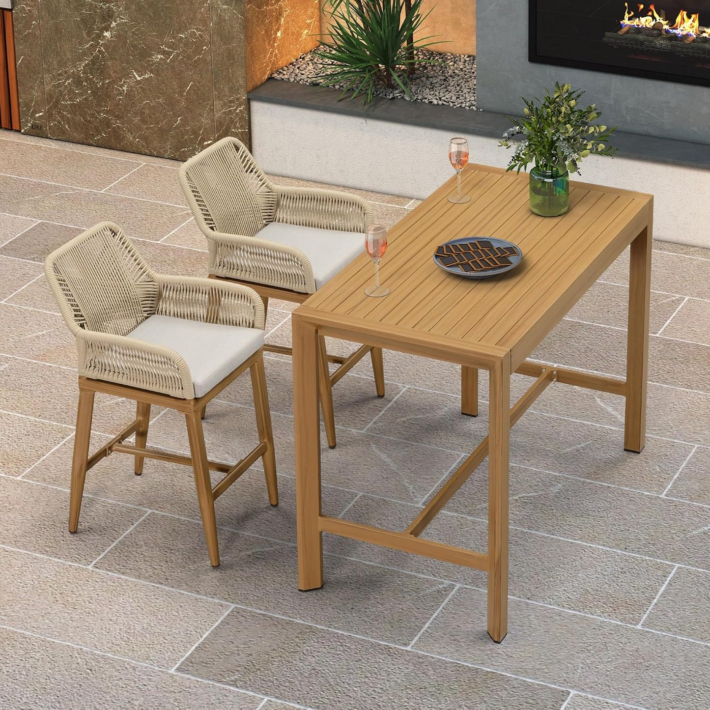 PURPLE LEAF 3 Pieces Outdoor Rattan 29" Bar Stools and Table Set, Modern Boho Aluminum Patio Bar Height Chair Bar Table for Outdoor and Indoor, Champagne