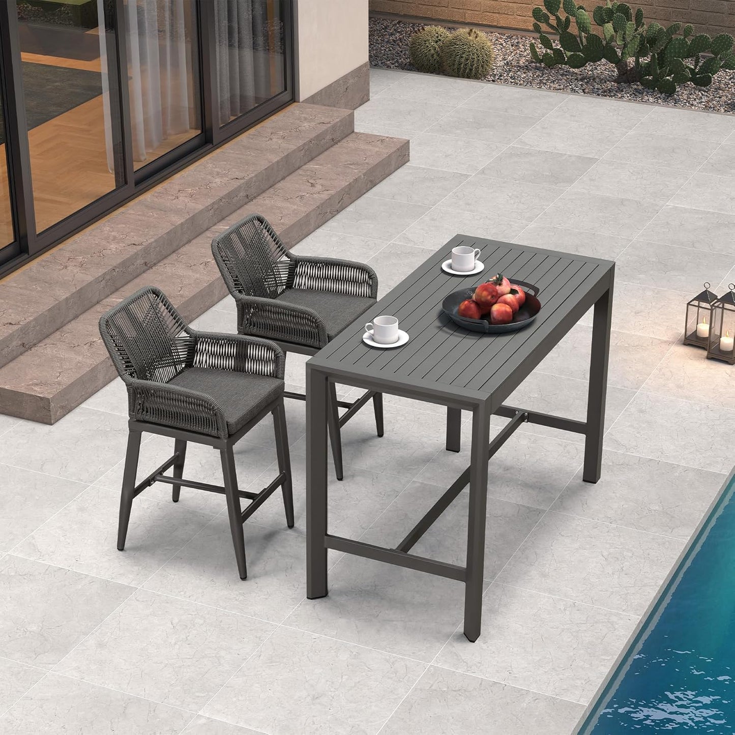 PURPLE LEAF 3 Pieces Outdoor Rattan 29" Bar Stools and Table Set, Modern Boho Aluminum Patio Bar Height Chair Bar Table for Outdoor and Indoor, Champagne